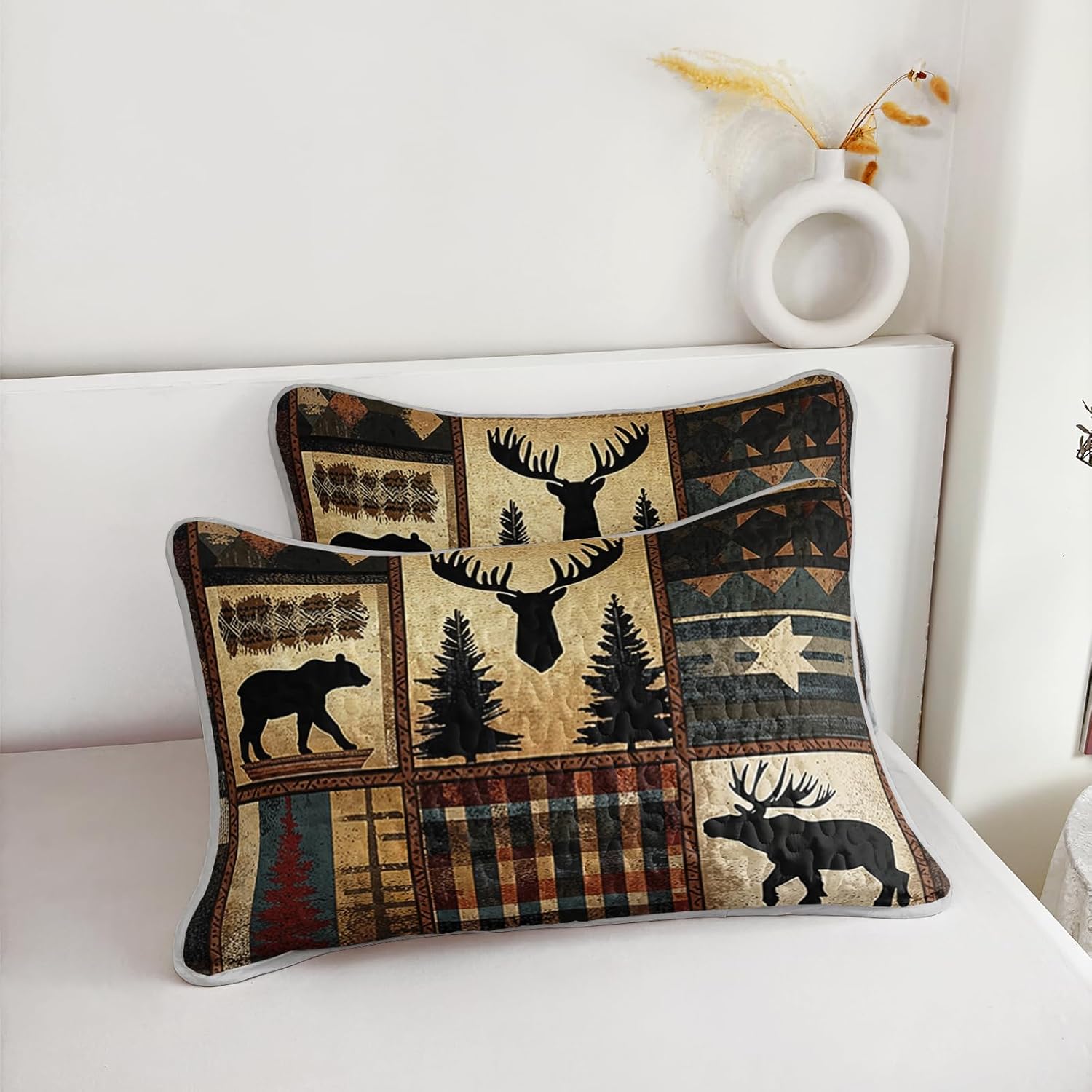 AILONEN Deer Hunting Quilt Bedding Set Queen Size - Deer Antler Rustic Bedspread Coverlet + 2 Pillowcases,Soft Lightweight Wild Animal Bed Cover 3 Pieces