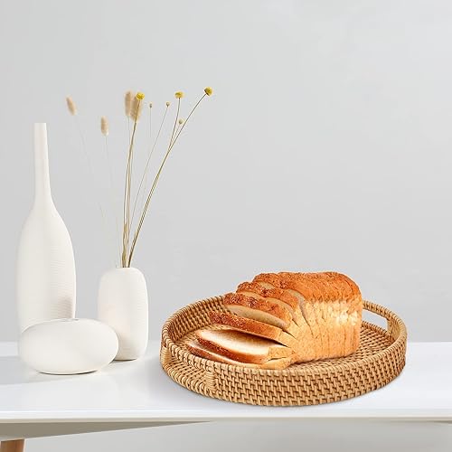Miniatura 5 de Bandeja de ratán para servir, cesta tejida a mano, bandeja organizadora de decoración del hogar para desayuno, té, aperitivos, frutas, café (redonda