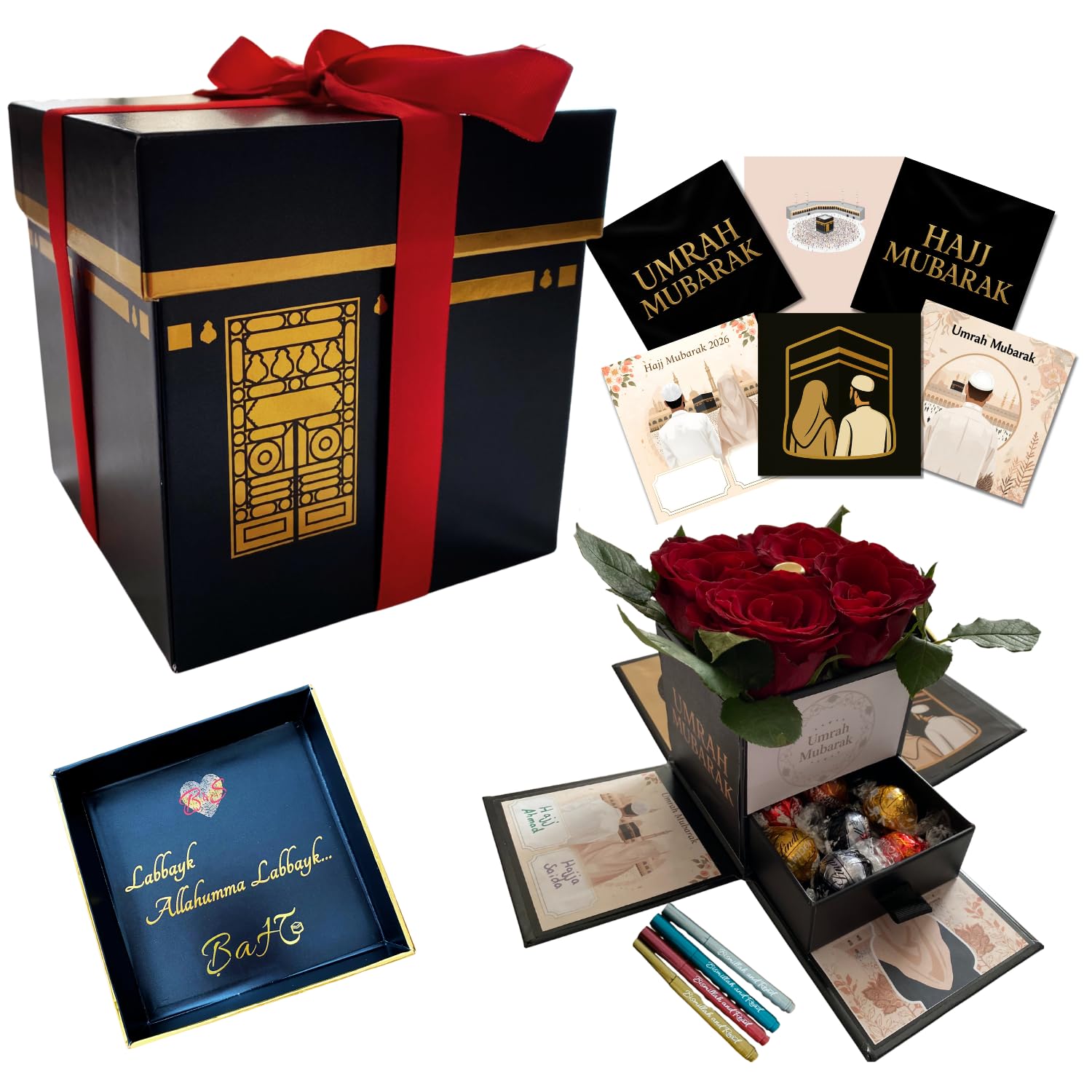 B & S Bismillah and Smile Premium Kaaba Confezione regalo per Hajj & Umrah – Elegante set con 2 nastri regalo in raso e 4 pennarelli metallici