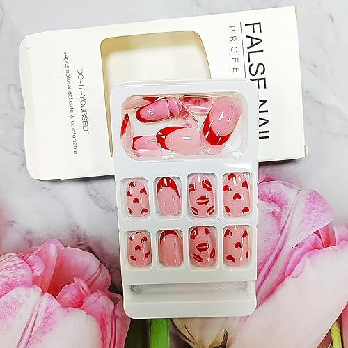Miniatura 4 de Uñas postizas francesas rojas a presión cortas almendra  Uñas postizas de San Valentín, uñas postizas rosas a presión con labios rojos, diseños de