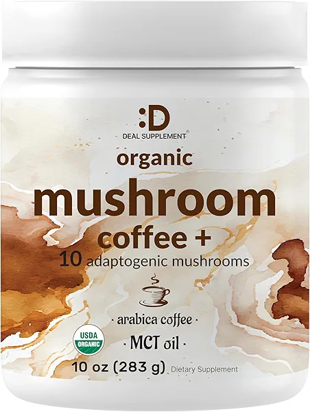 Organic Mushroom Coffee, 10oz – 10 Adaptogenic Mushrooms with Arabica Coffee + MCT Oil for Smooth Flavor – Turkey Tail, Lions Mane, Cordyceps, Chaga, Reishi – Immune, Energy,& Brain Support Supplement