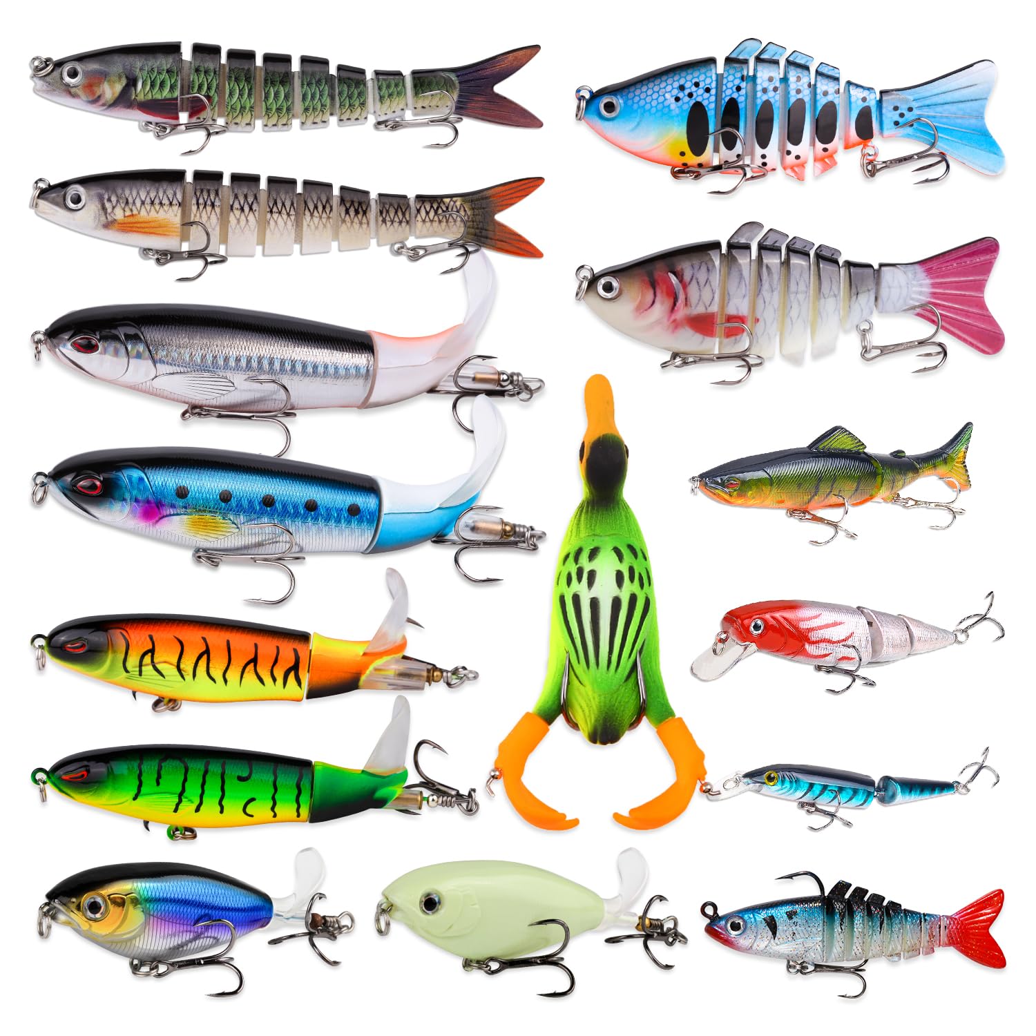 TSKS Kit de 15 señuelos de pesca para lubina, lucio, pez lucio, trucha, lucioperca, trucha, incluye cebos multiarticulados, pato, araña, ranas, peces suaves y con hélice giratoria flotante, tractor,