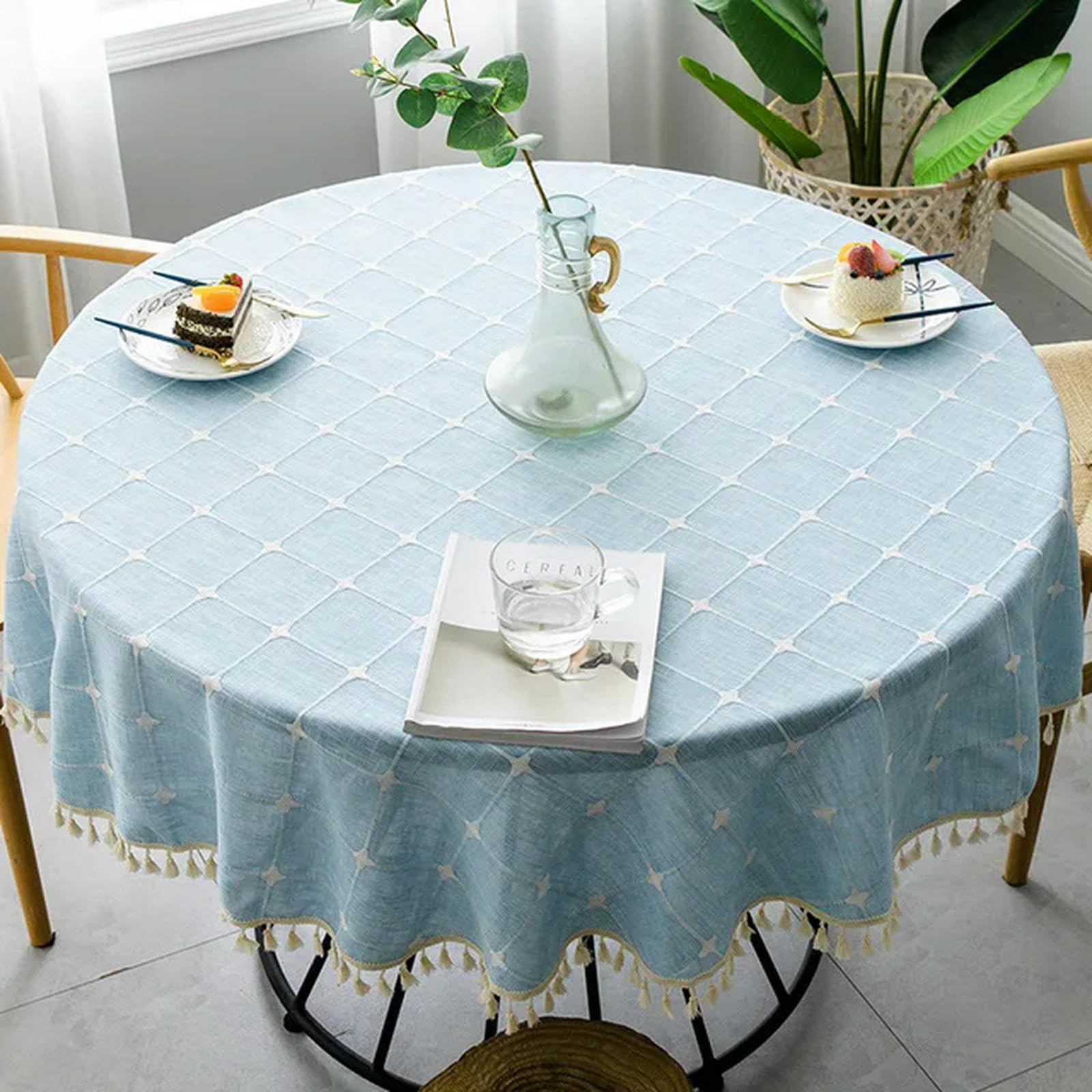 Nappe ronde en coton et lin jacquard, une couverture de table haut de gamme avec glands