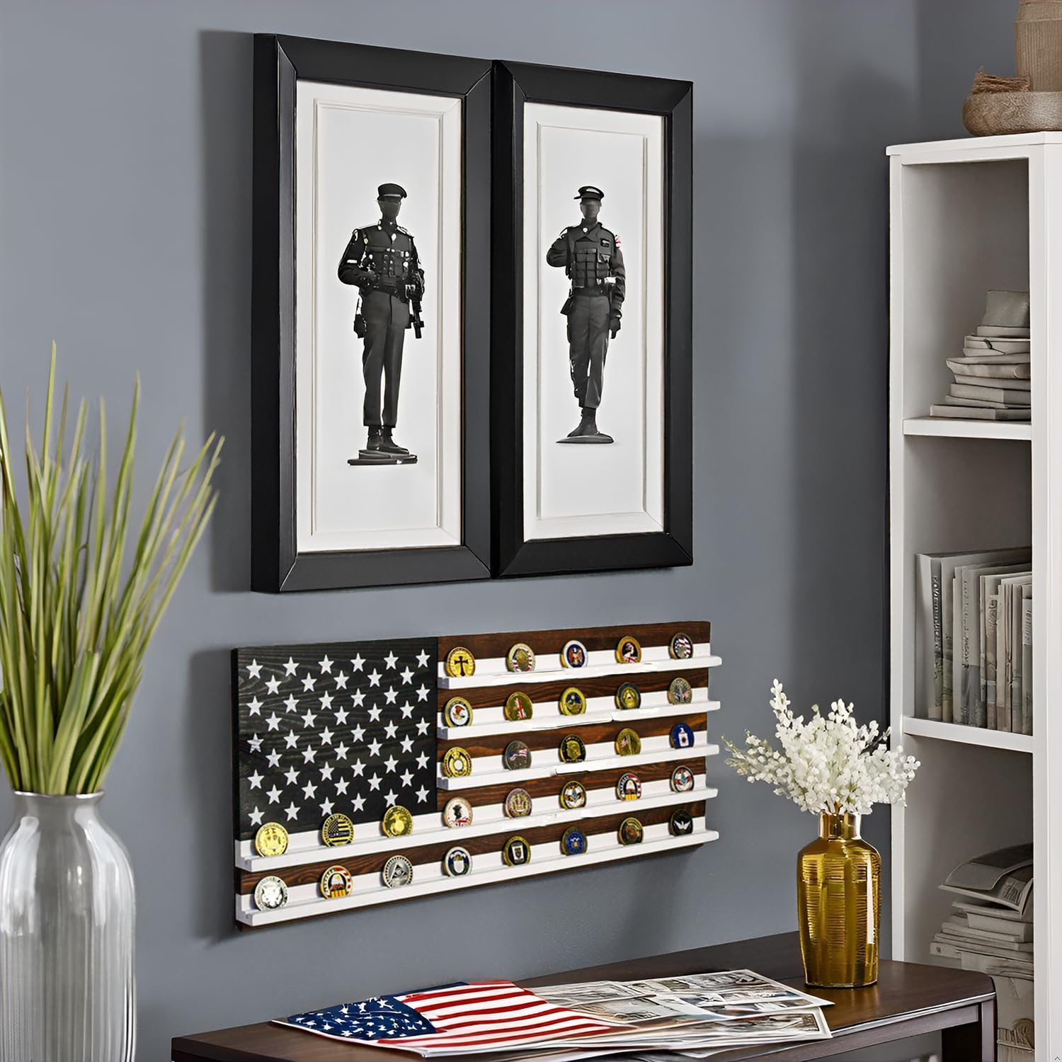 Handmade Large Challenge Coin Display Frame 28” x 12”, Coin Holder Wooden American Flag Wall Mount Décor, Military Rack Casino Poker Chip Storage Medal Organizer Case for Police, Veteran, Patriotic