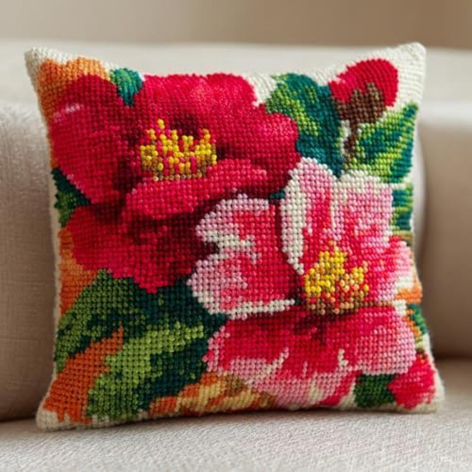 kitphoenix Camellia Flowers and Sunset DIY Latch Hook Kit for Adults,Cushion Cover Craft Set with Printed Canvas,Yarn and Hook,43x43 cm Handmade Gift for Women