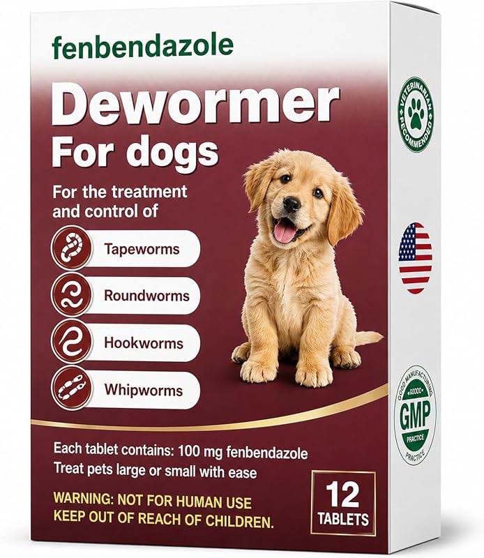 Dewormer for Dogs, Fenbendazole for All Wormers, Hookworms, Tapeworms, Whipworms and Roundworms, 12 Count
