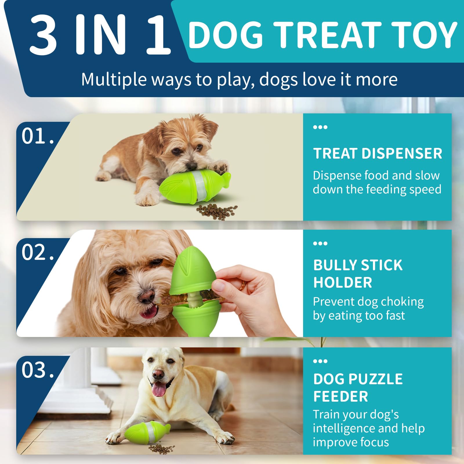 Woyamay 3-in-1 Dog Treat Dispenser & Puzzle Toy, Interactive, Adjustable, Indestructible, Dog Puzzle Feeder, Medium Dogs