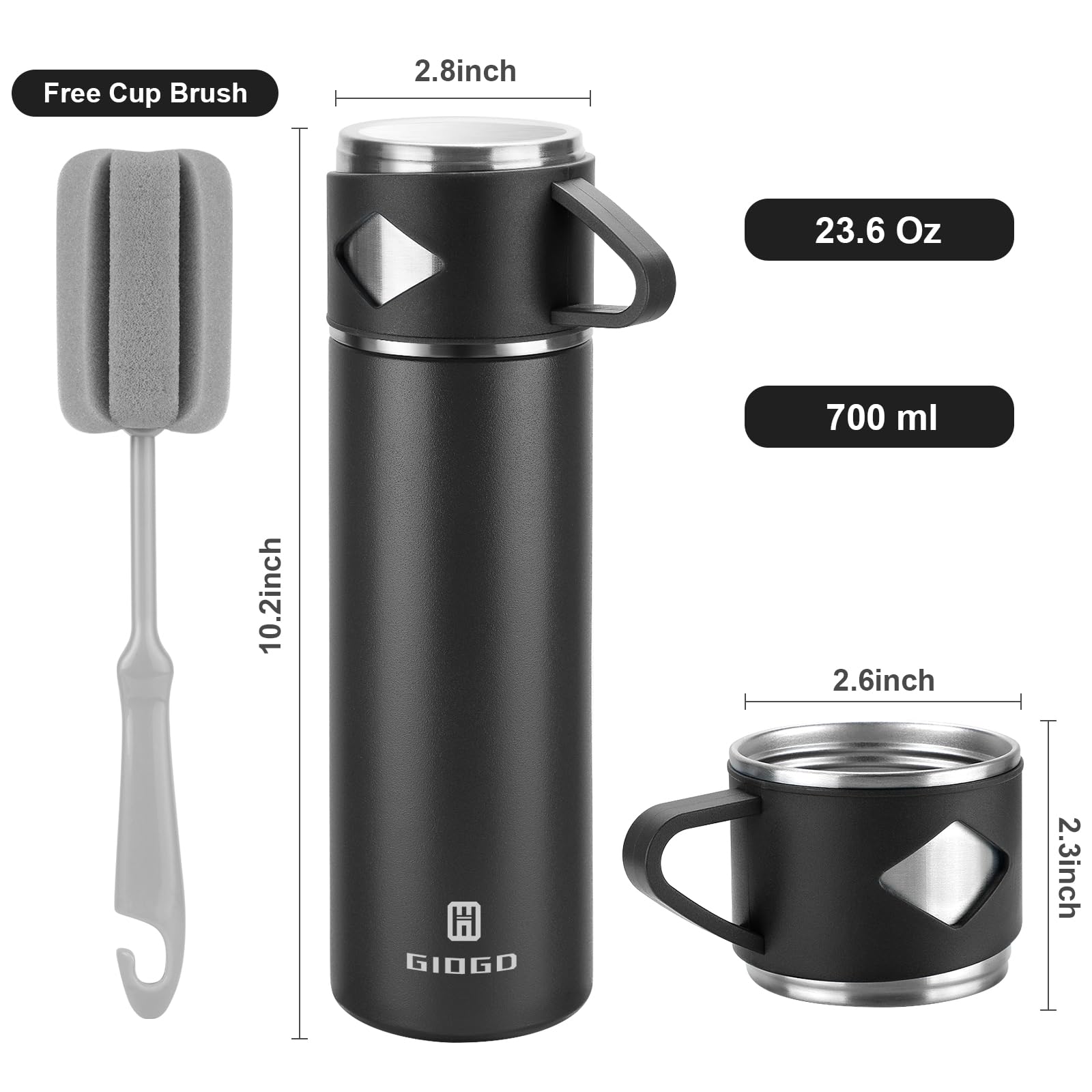 Vacuum Insulated Flask 700ml/23.6oz Stainless Steel Thermo Bottle with Cup for Coffee Water Hot and Cold Drink Flasks.(Black,Single) - Image 2
