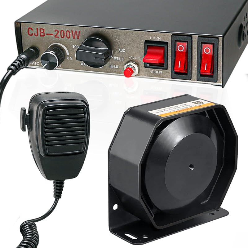 Sistema PA de sirena de emergencia de advertencia de 12 V, 200 W, 9 tonos [parlante delgado] [125-135 dB] [micrófono de mano] [manos libres] [2 interruptores de 10 A] para grúas, vehículos de construcción, auto, SUV, ATV, UTV