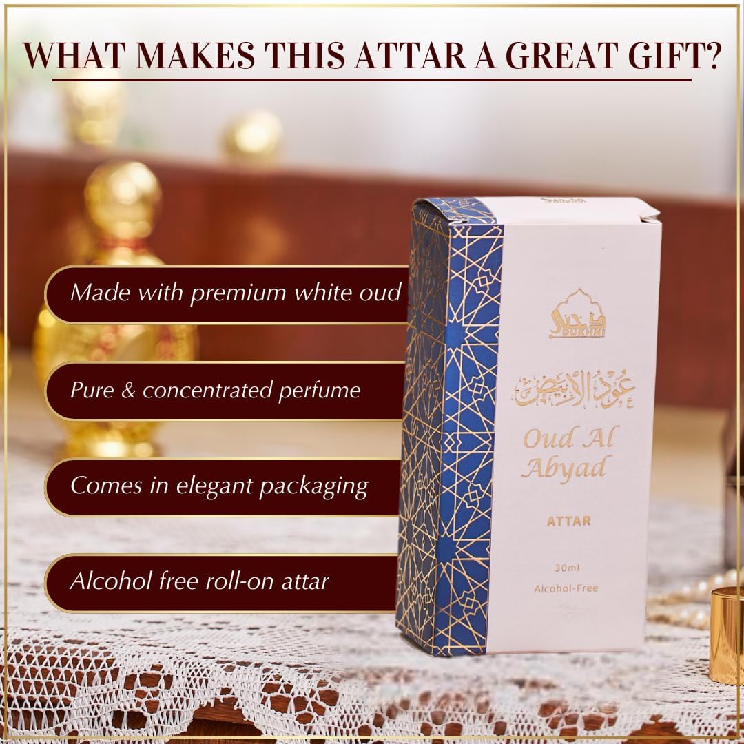 Dukhni White Oud Attar Oil Arabic perfume oils for men and women, Alcohol Free | 30ml Pure roll on perfume, authentic white oud oil | Eid, Ramadan Gifts, Vegan Islamic Fragrances