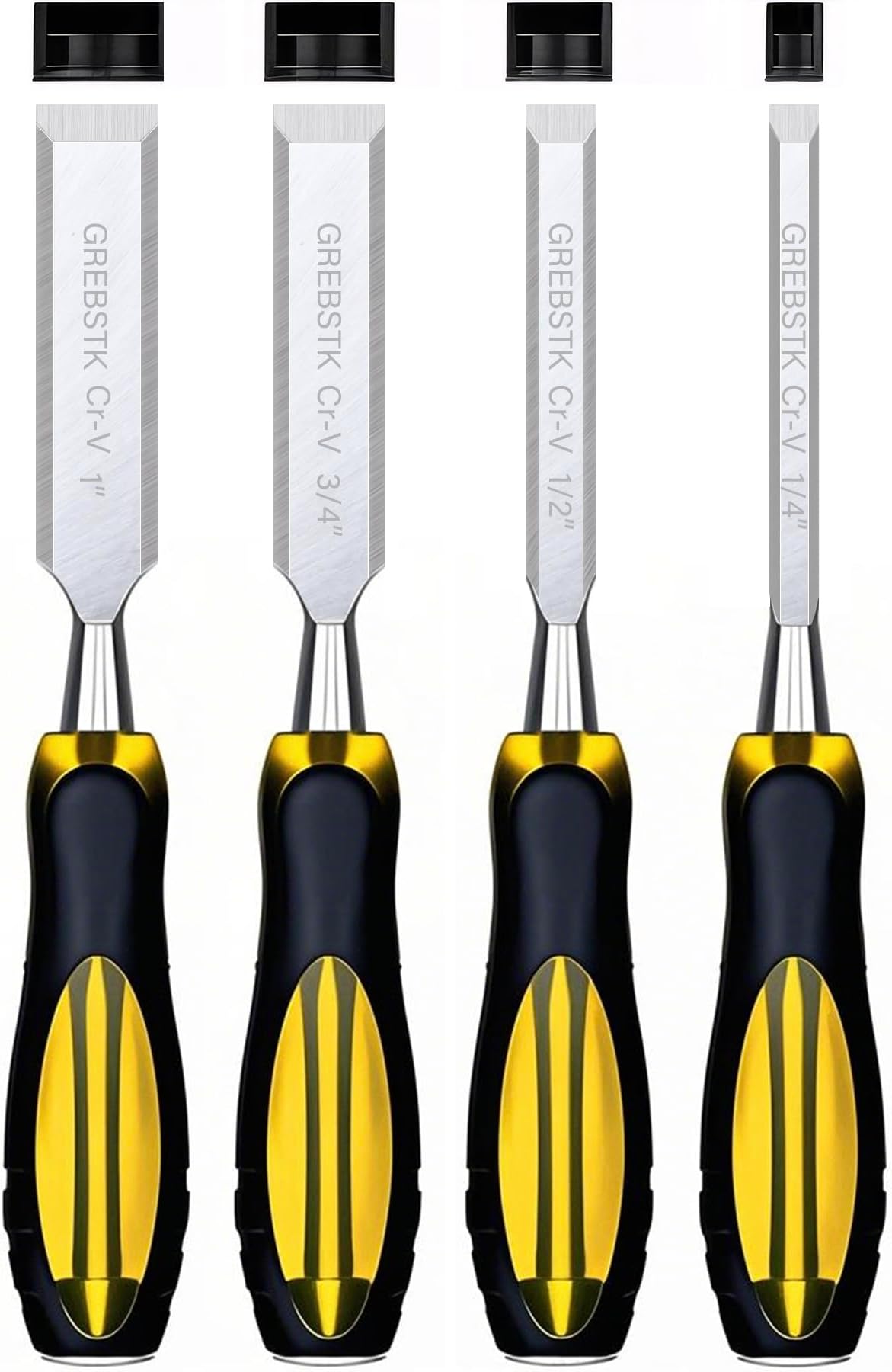 GREBSTK Wood Chisel Set for Woodworking, 4-Piece Chrome Vanadium Steel Bevelled Edge Bench Chisel with Cap, Comfortable Extra Large PVC High Impact Handle