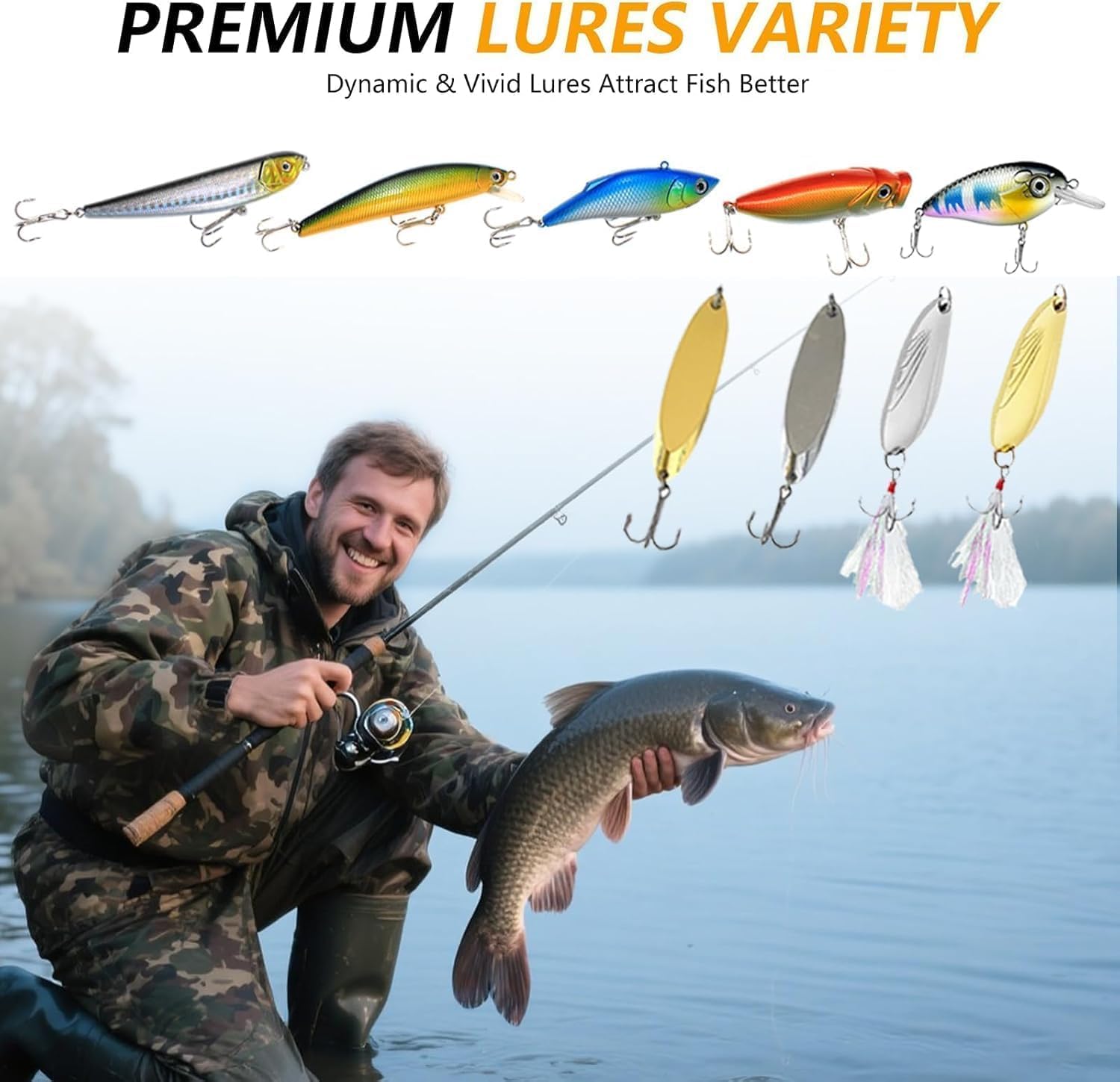 Fishing Lure Kit 431pcs Tackle Box Multi-Type Baits | 431pcs lure set with tackle box, spoons, soft plastics, spinnerbaits and crankbaits for bass trout salmon freshwater fishing