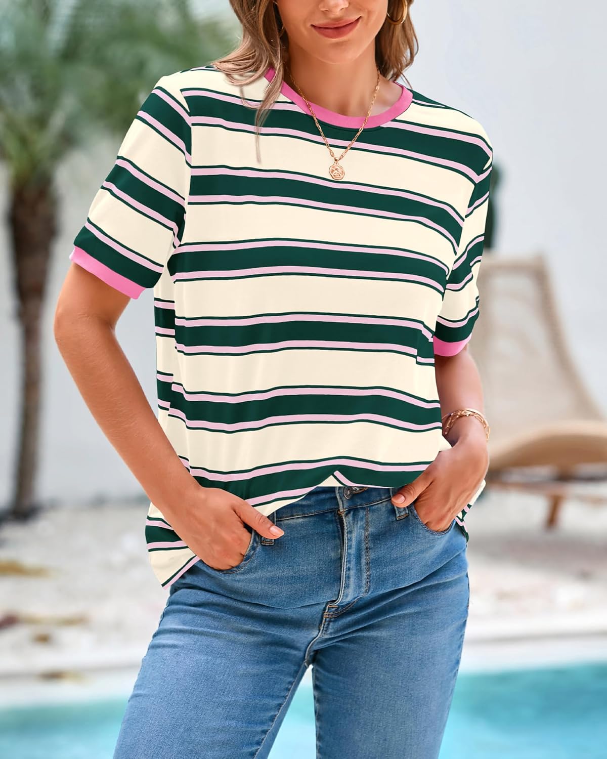 BTFBM Summer Tops for Women 2026 Crewneck Short Sleeve Striped T Shirts Casual Spring Clothes Color Block Basic Tee Blouses - Image 7