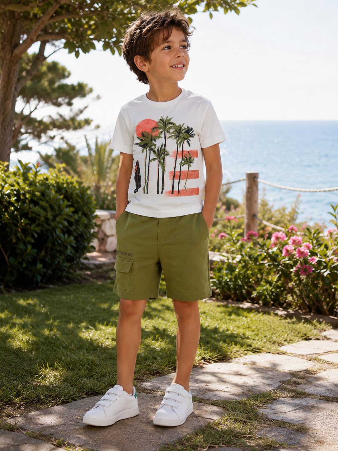 Conjunto de verano para niño – Camiseta de niño amarilla con estampado salvaje y pantalones cortos verde oliva, conjunto infantil casual de algodón suave para actividades al aire libre 3674, 3660