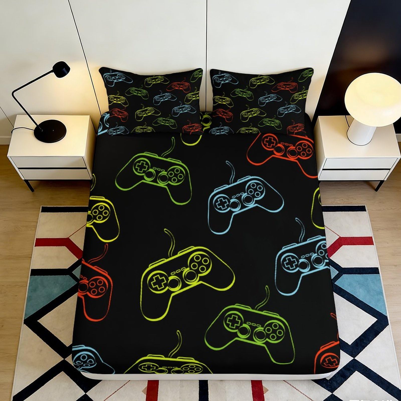 Pnayamiorkfel Style-8 3D Printed Neon Game Controller Fitted Sheet Microfiber Vibrant Gamer Bed Cover For Bedroom Dorm Mattress Decor 90X200x25cm
