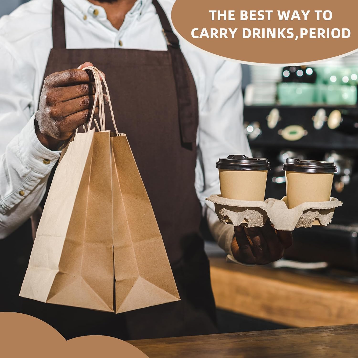 Take-Out Paper Bags And Two Drink Paper Trays 40 Pack,Two Cup Carrier Tray Coffee Cup Holder Disposable Cup Holder Tray,Brown Baper Bags With Handles Bulk (Two-cup size)
