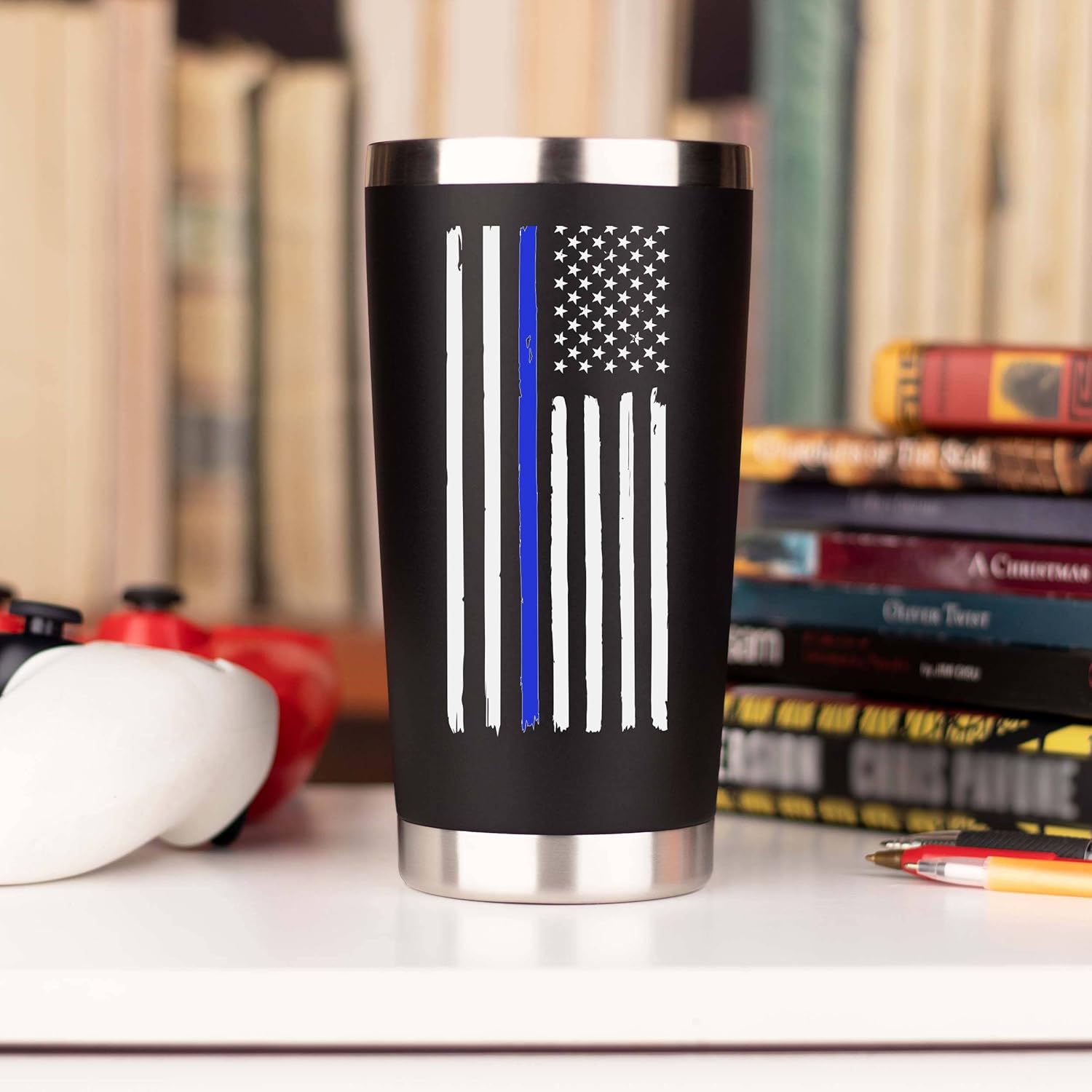 JENVIO Thin Blue Line Police Tumbler | Stainless Steel Travel Mug Including 2 Lids 2 Straws Gift Box for Coffee Cup | Correctional for Him | Cops Officer Valentine's Day Gift - Image 5