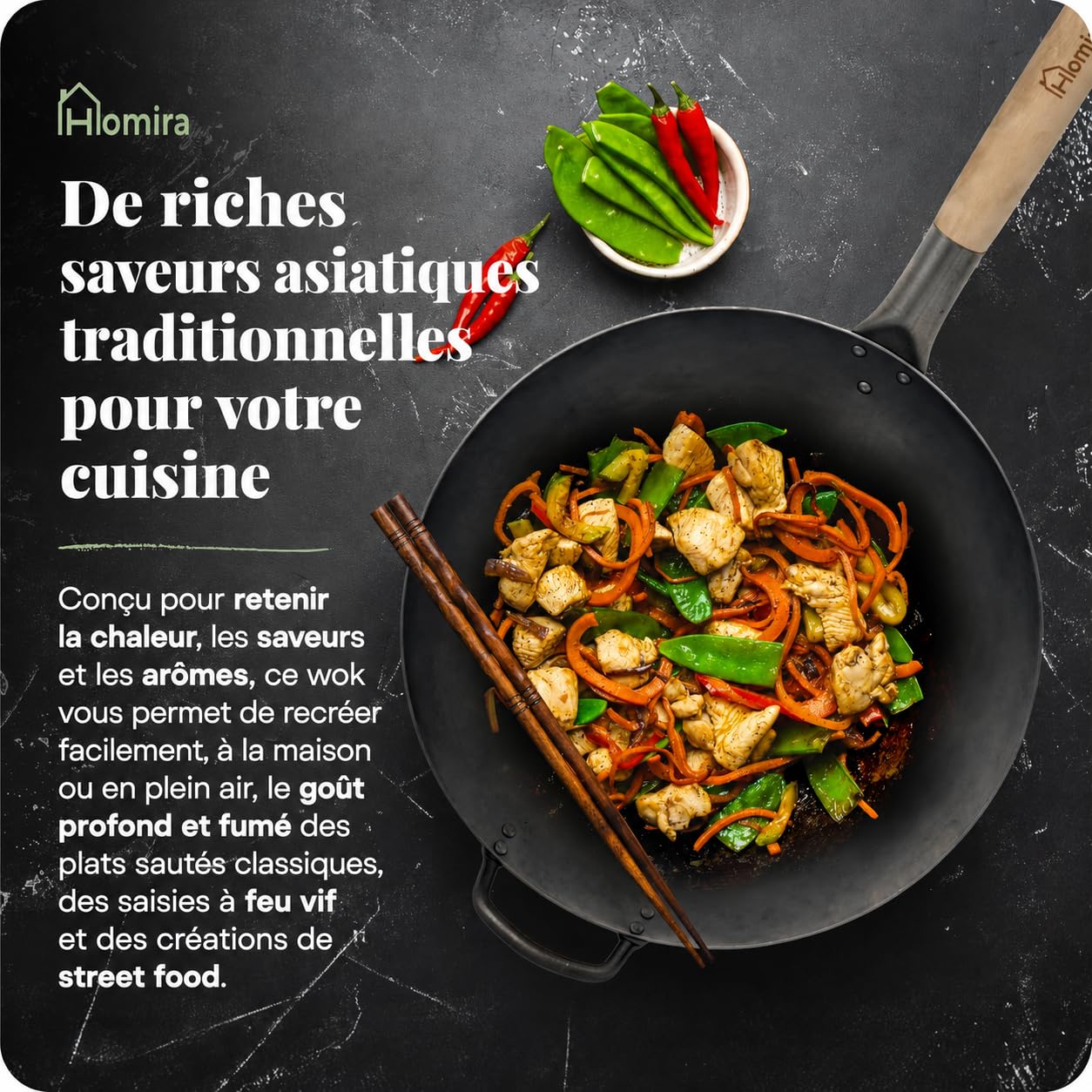 Homira Wok en Acier Carbone de 36 cm, Martelé à la Main, Fond Rond et Manche en Bois – Poêle Wok Traditionnelle sans PFAS pour Gaz, Barbecue, Brûleur à Wok et Cuisine en Extérieur (Fond Rond)