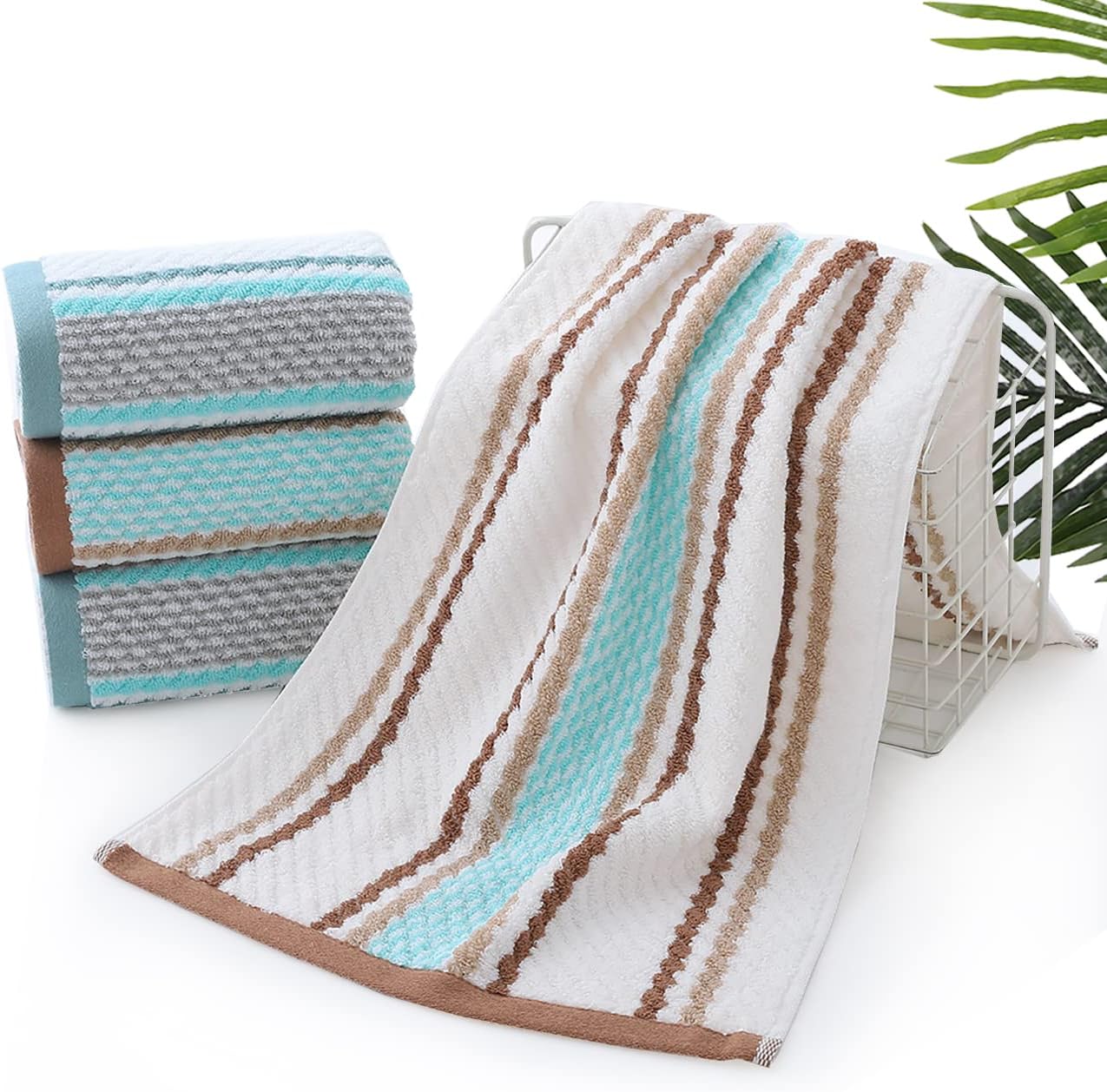 Pidada Hand Towels Set of 4 Striped Pattern 100% Cotton Soft Absorbent Decorative Towel for Bathroom 16 x 26 Inch (Brown)