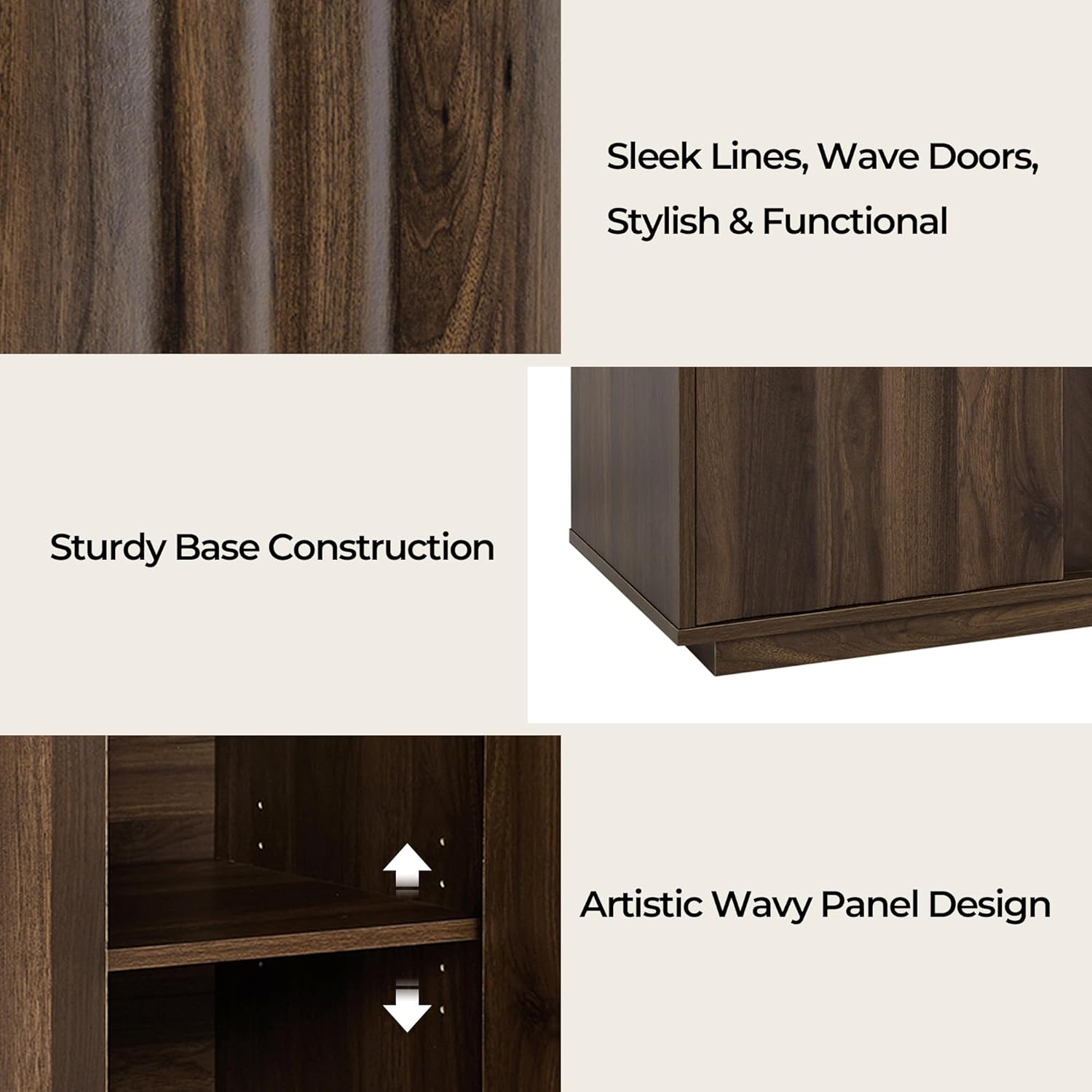 CHITA 63" Sideboard Buffet Cabinet with Storage, Wooden Console Cabinet with 4 Tereoscopic Wavy Door Panels & Adjustable Shelves, Storage Credenzas for Living Room, Kitchen, Hallway, Walnut