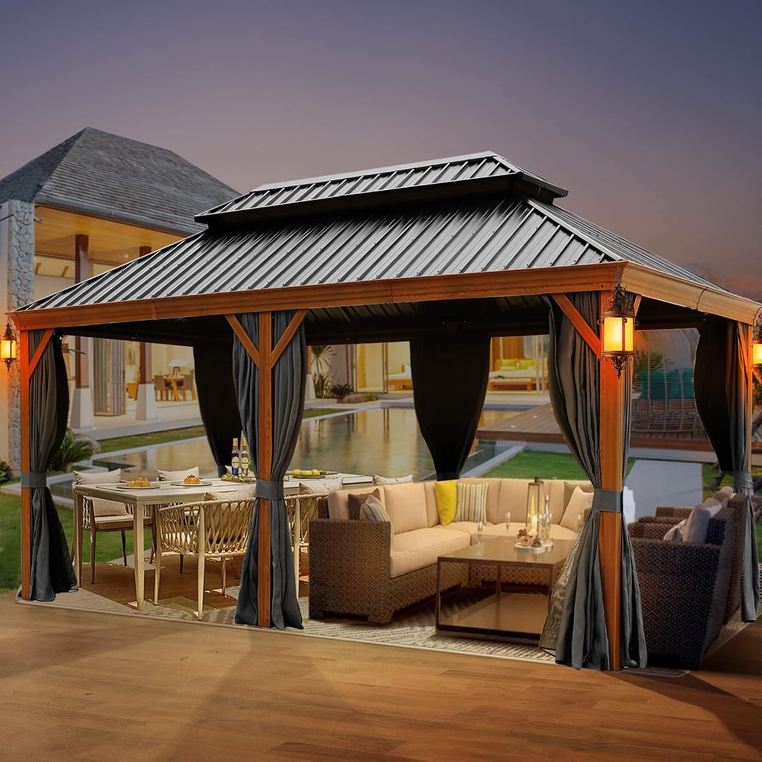 GOWE 12X20ft Galvanized Steel Gazebos with Netting & Curtains