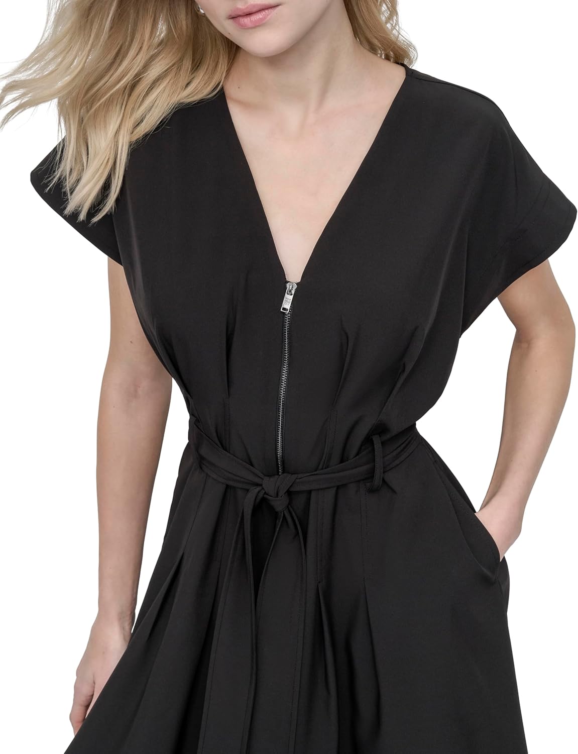DKNY Womens Cap Sleeve V-Neck Belted Zipper Front Dress - Image 5