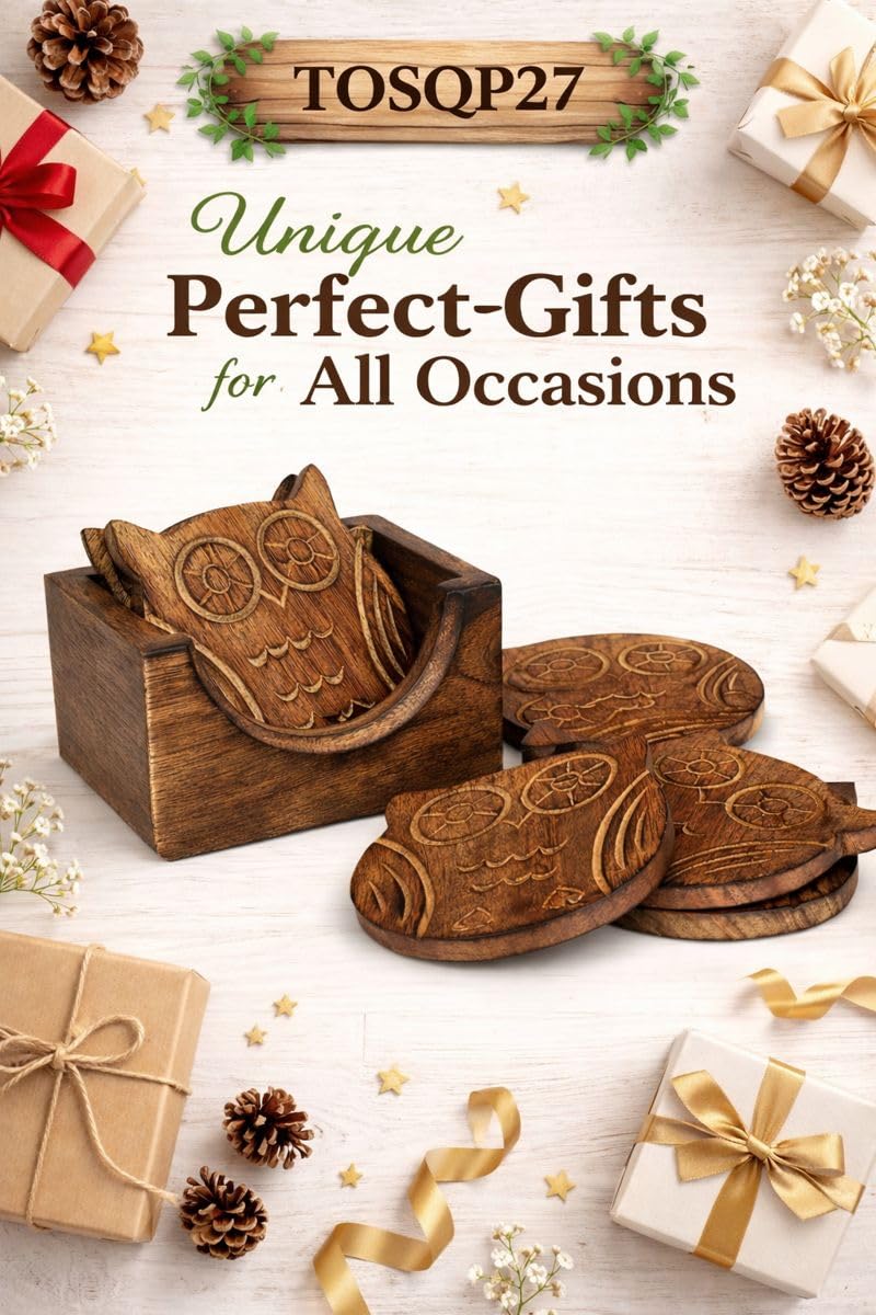 TOSQP27 Handmade Wooden Owl Coaster Set of 6 with Holder – Christmas Gift Hand-Carved Drink Coasters for Tea, Coffee & Mugs, Decorative Tabletop Barware for Home & Dining TOSQP27 Handmade Wooden Owl Coaster Set of 6 with Holder – Christmas Gift Hand-Carved Drink Coasters for Tea, Coffee & Mugs, Decorative Tabletop Barware for Home & Dining