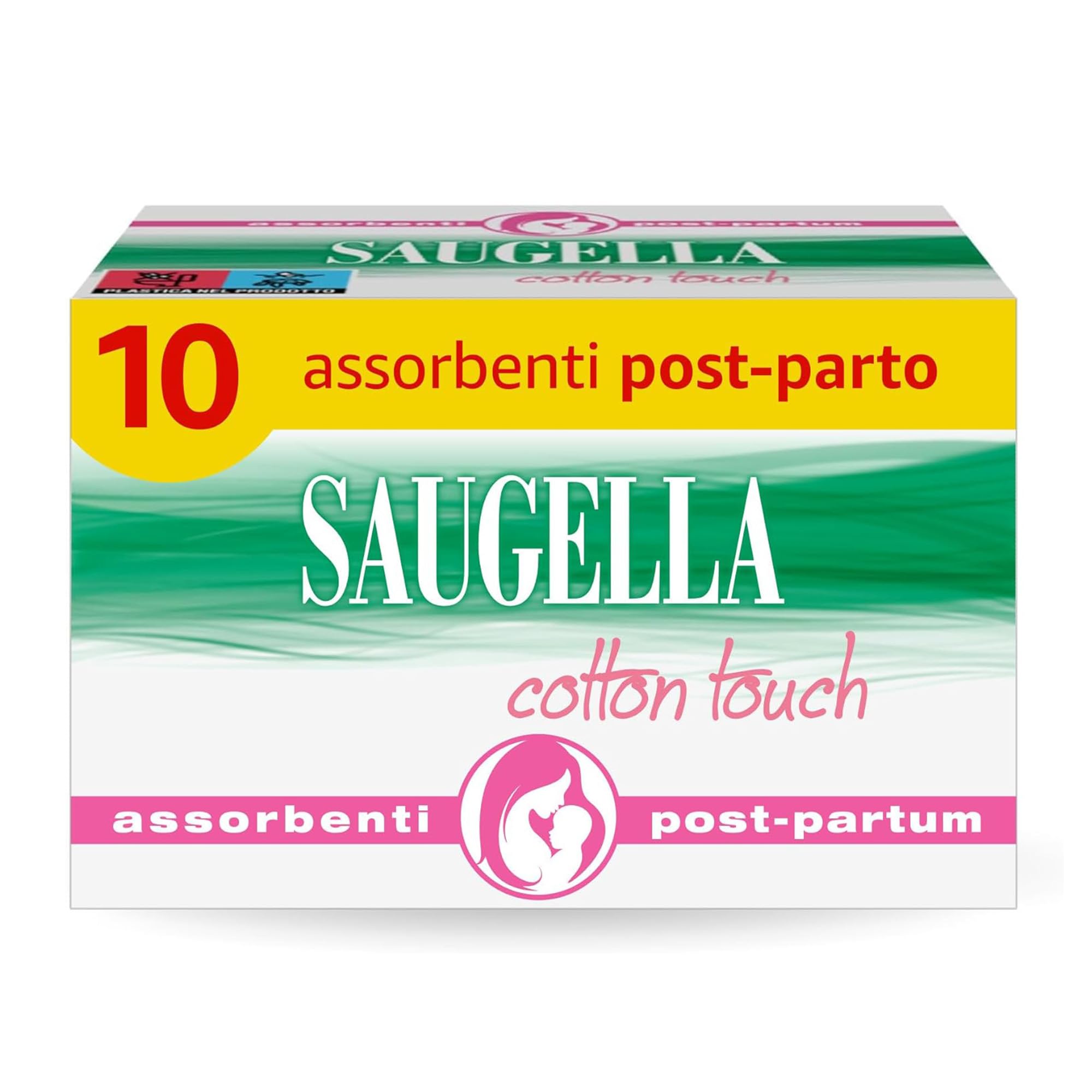 Saugella Cotton Touch Post Parto, 10 Assorbenti Cotone Post Parto, Senza Strato Adesivo, Azione Antibatterica, Lenitiva