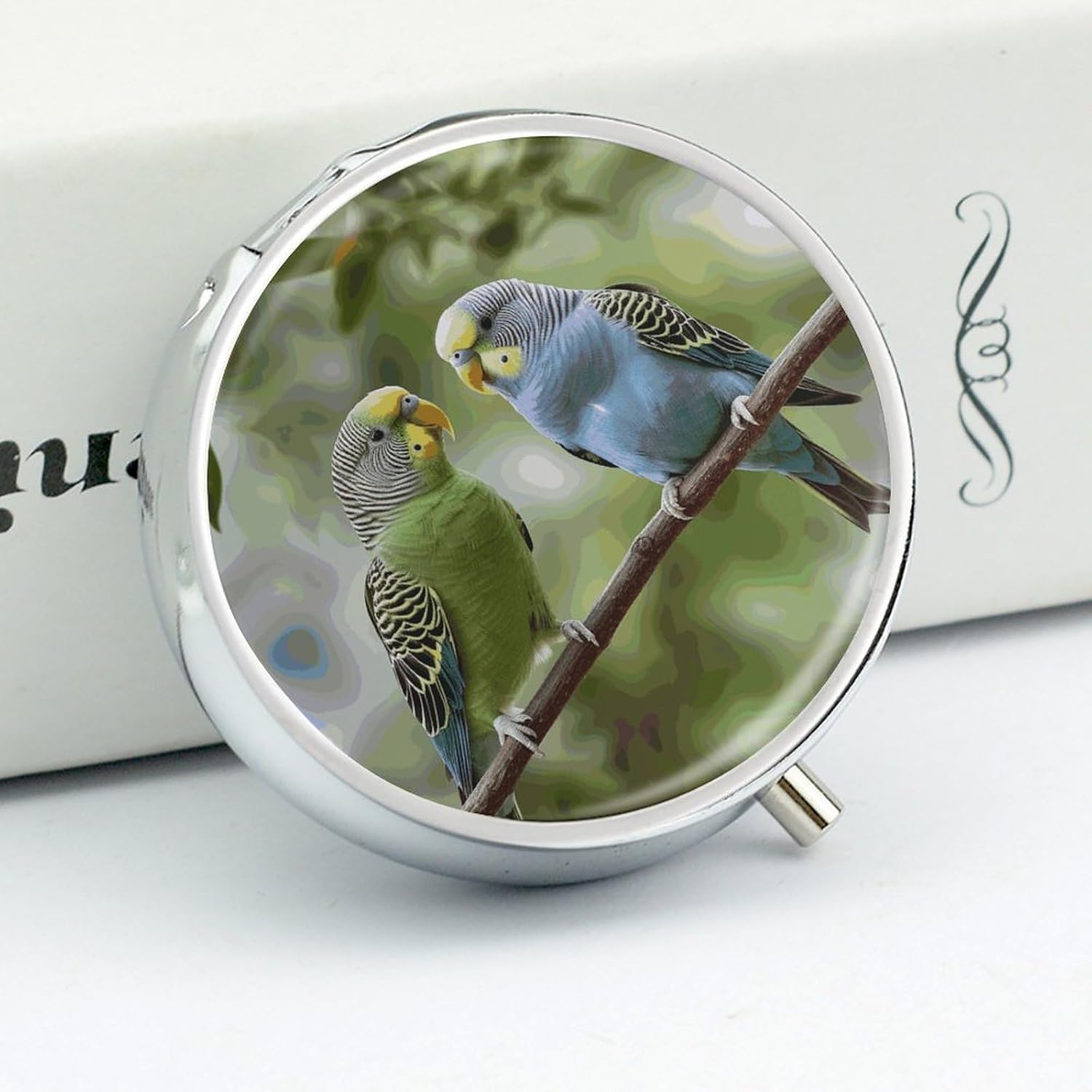 Round Daily Blue Green Parakeets Pill Case with 3 Compartment & Mirror image 4