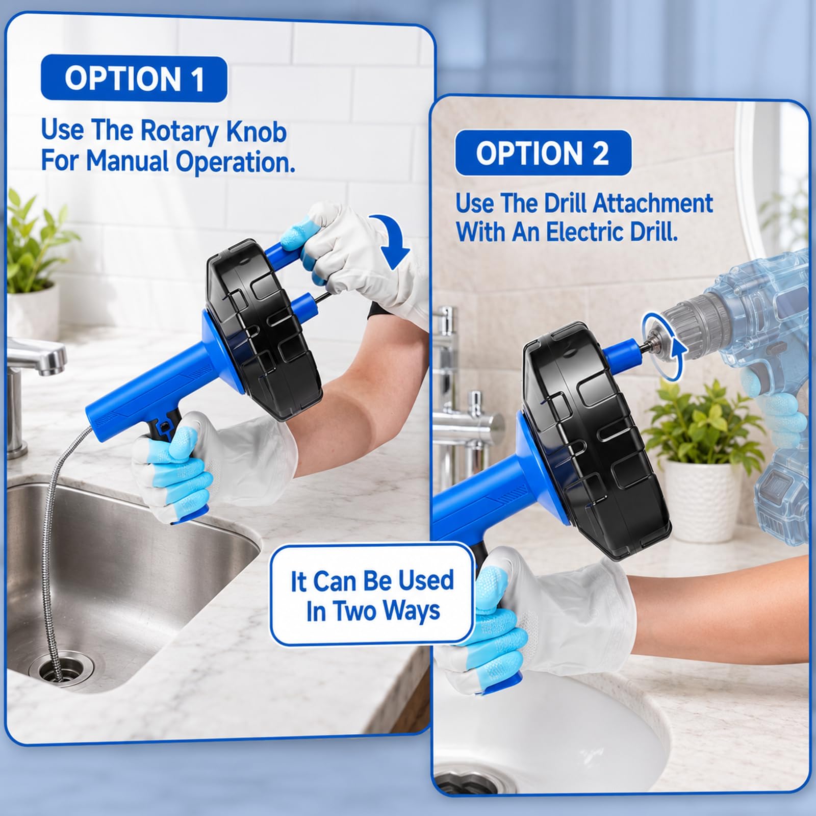 Espiral de limpieza de tuberías de 14 m con accesorio de perforación, espiral de desagüe, limpiador de tuberías para cocina y baño, muelle electrochapado resistente, limpiador de desagües