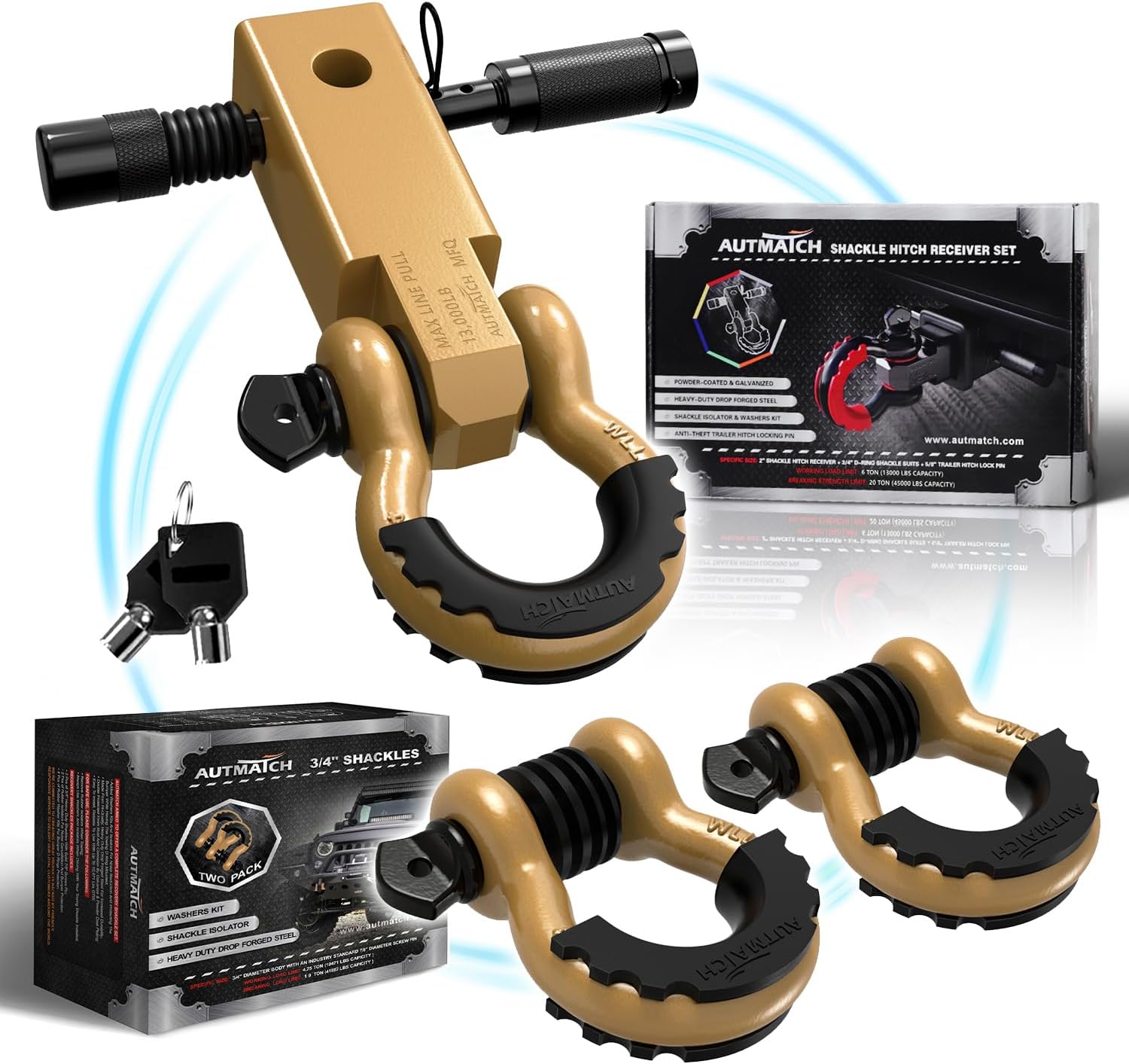 AUTMATCH Shackle Hitch Receiver 2 Inch - 3/4" D Ring Shackle with 5/8" Trailer Hitch Lock Pin, 45,000 Lbs Break Strength Heavy Duty Receiver Towing Kit for Off-Road Vehicle Recovery, Gold