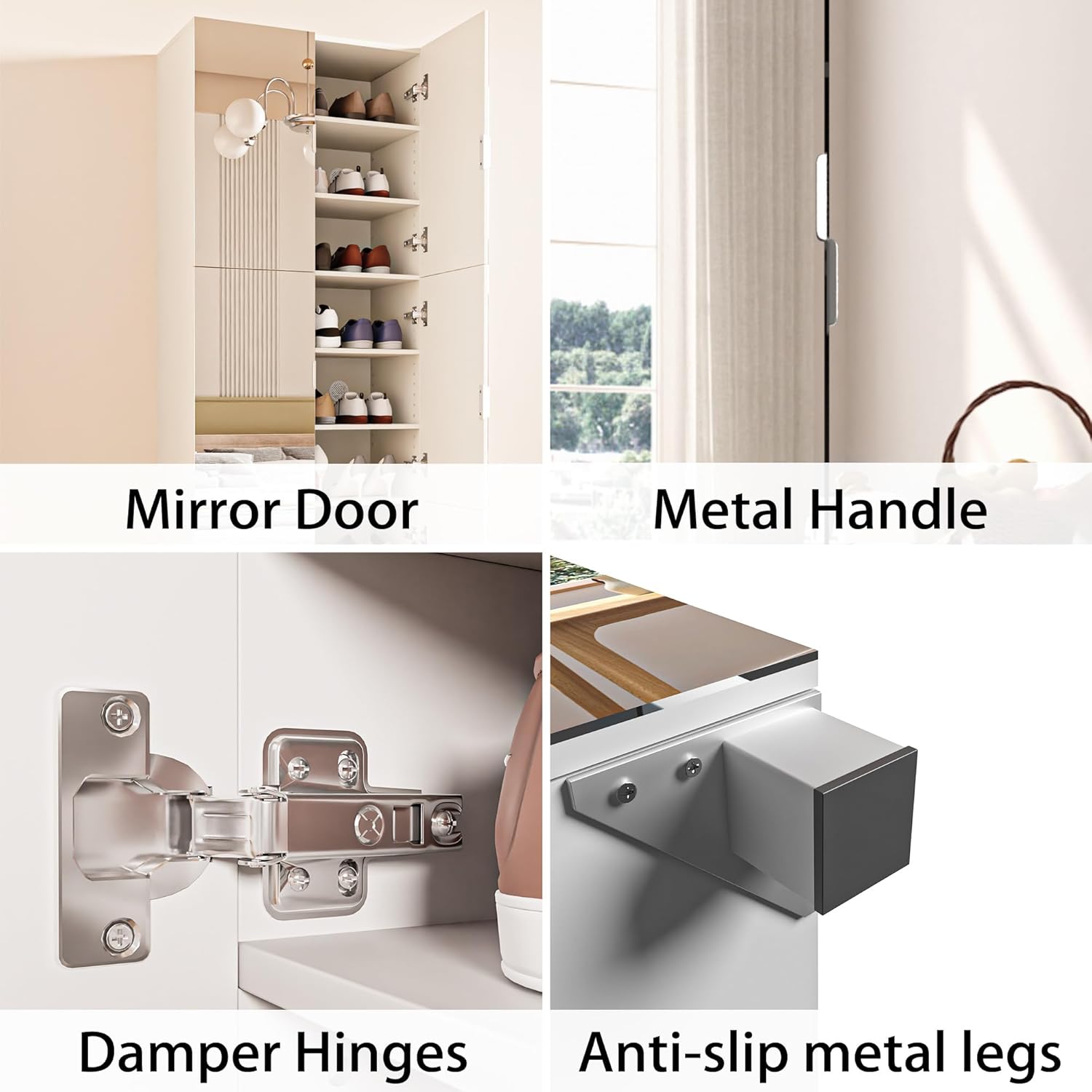 Mirror Shoe Cabinet with 6 Open Door, 8 Height Adjustable Shelves & for 27-36 Pairs Shoe, Free Standing Shoe Rack Organizer for Entryway, White
