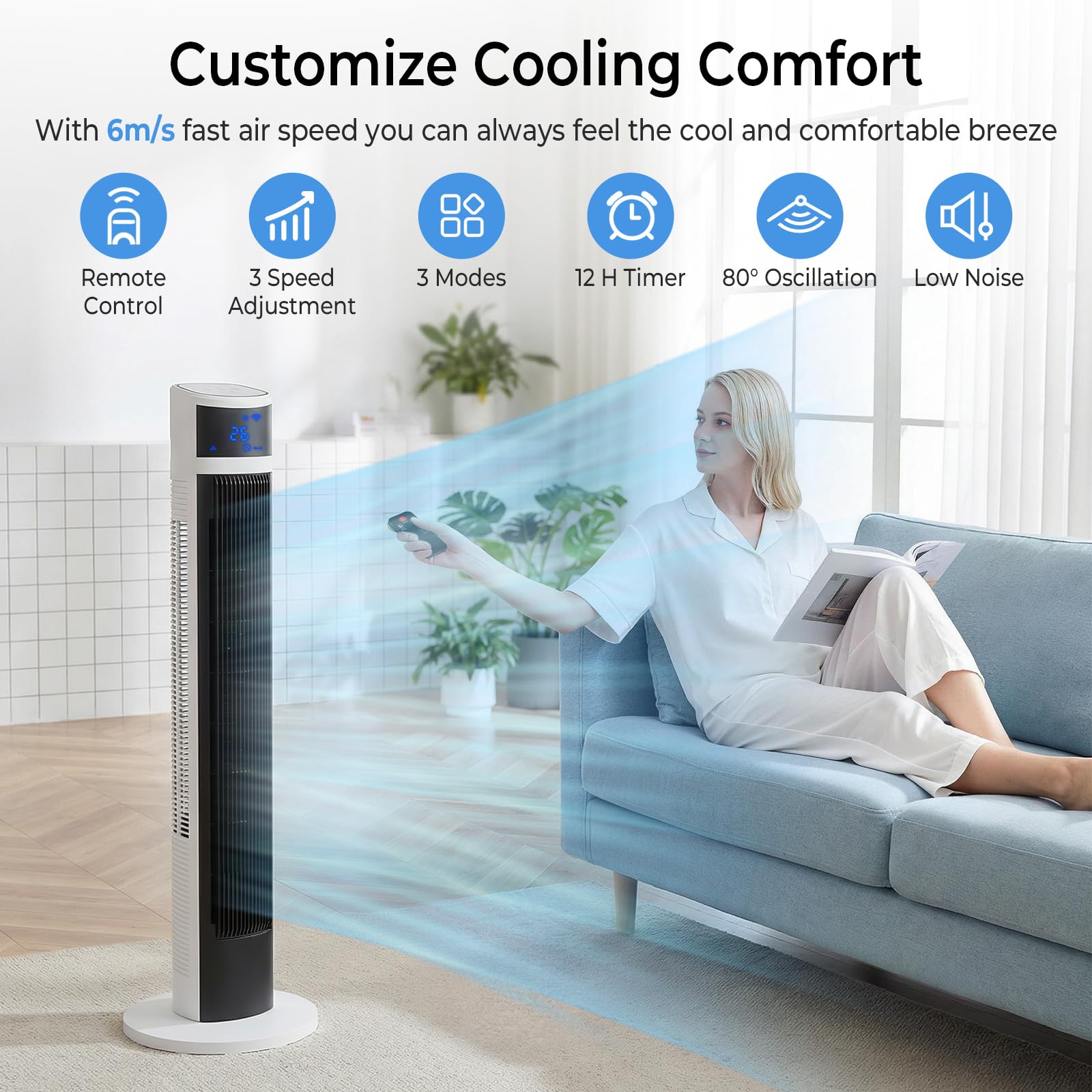 30dB Turmventilator Sehr Leise mit Fernbedienung | 80° Oszillation, drei Modi, Raumkühlung, platzsparender Tower Fan, kühlender Luftstrom, Schlafzimmer Büro, Senioren geeignet