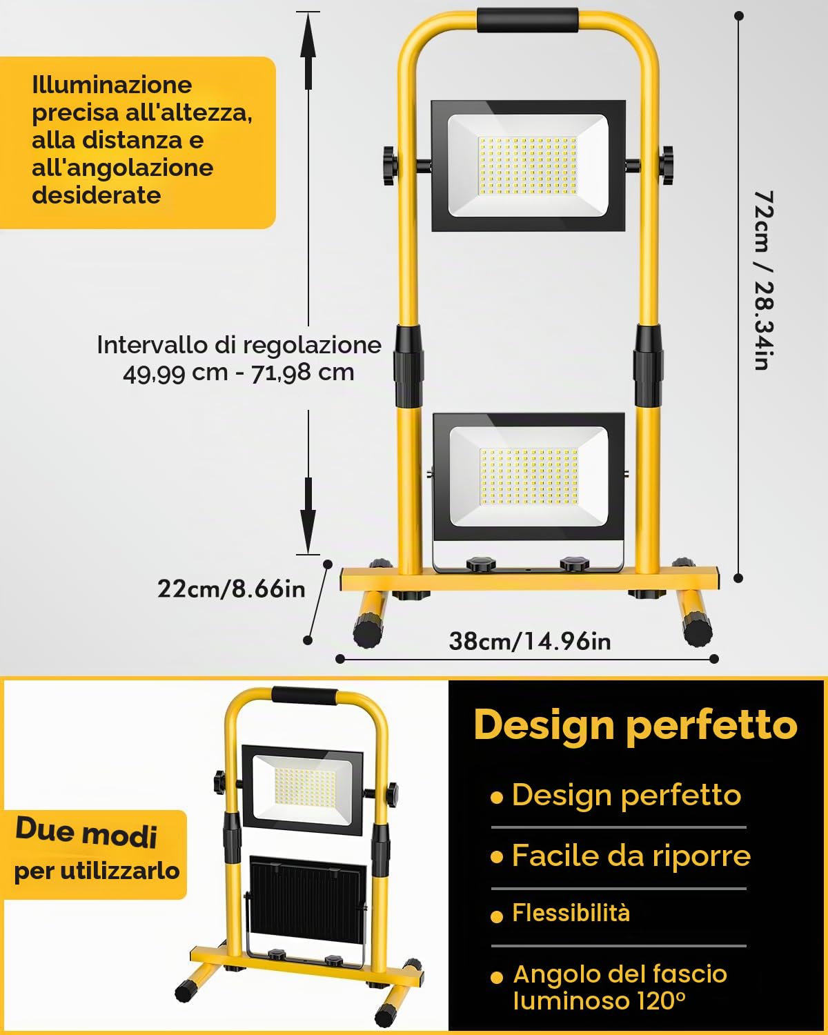 Faretto LED da Cantiere, 200W 20000LM Faro da Esterno con Stativo Telescopico, IP66 Impermeabile Fari LED Esterno 6500K Luce Fredda con Interruttore per Officina, Garage, Costruzione