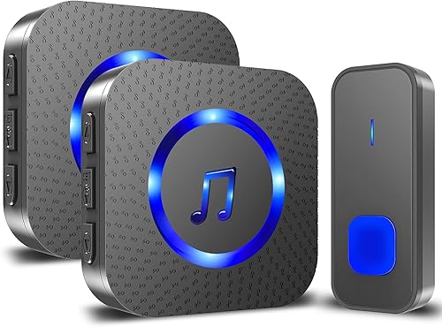 SURFOU Timbre inalámbrico, impermeable, fácil instalación, rango de 1300 pies, 55 campanillas, 5 niveles de volumen ajustables, flash LED (1 botón+2