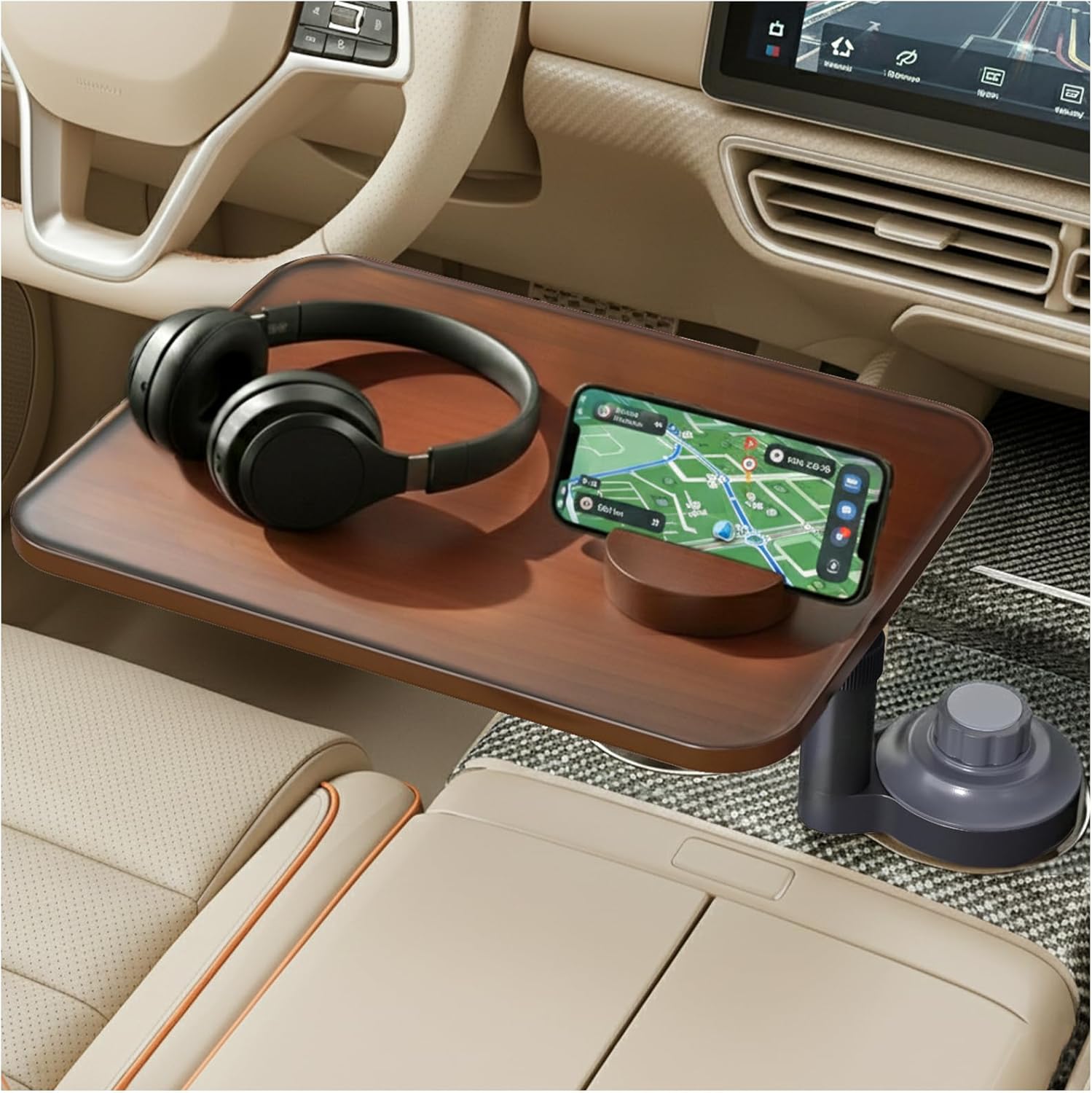 Car Tray Table & Car Laptop Desk, Height-Adjustable 360° Rotating Wood Car Laptop Mount, Steering Wheel Tray, Cup Holder Table,Compatible with Tesla & Most Vehicles Walnut
