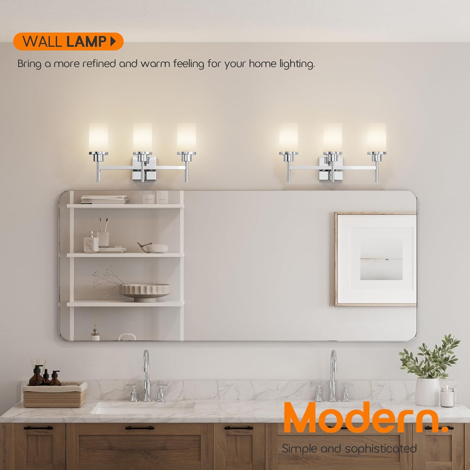 Bathrom Light Fixtures Polished Chrome 3 Vanity Lights with White Frosted Glass Shade, Wall Lamps Over Mirror for Bath Washroom Bedrom T001CH-L3