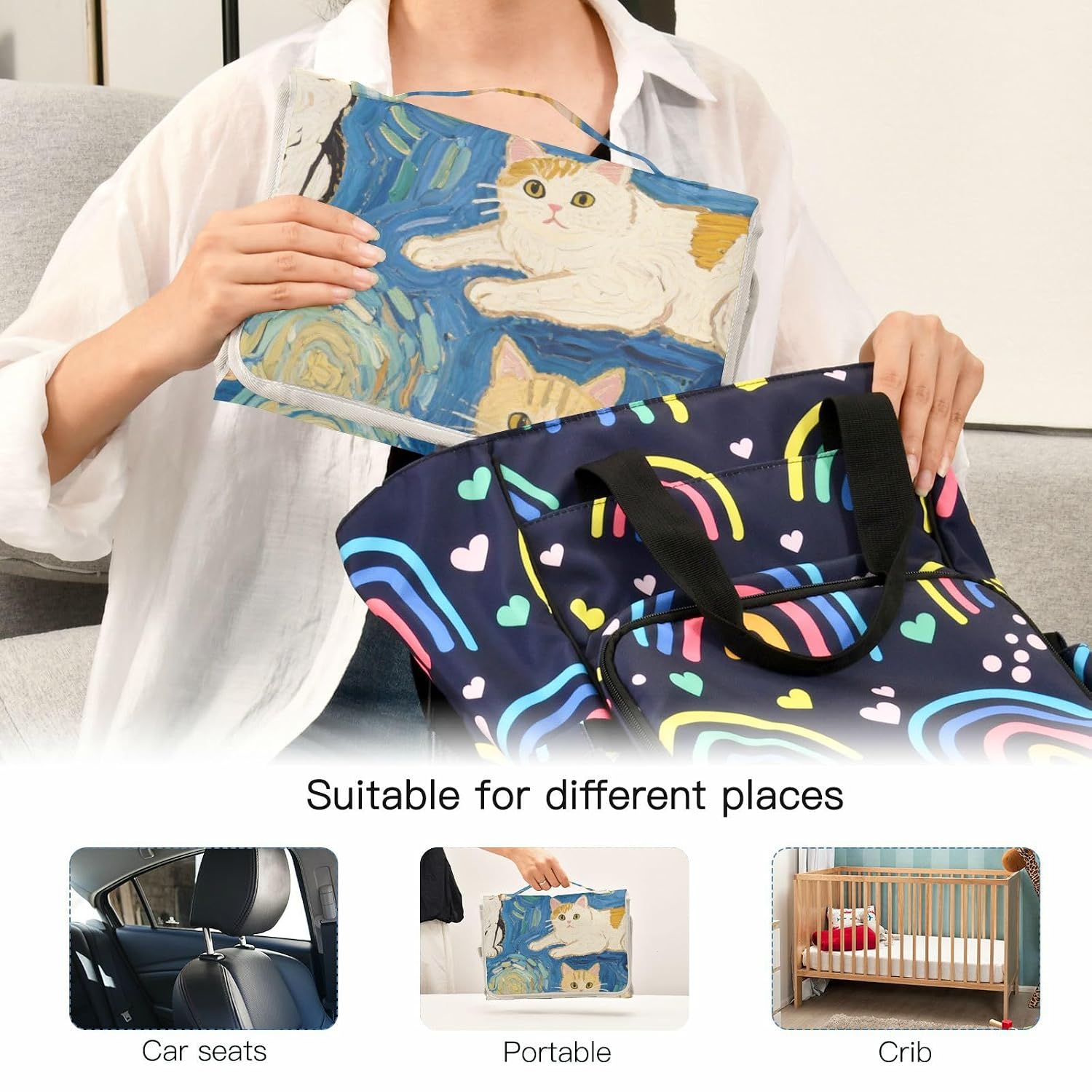 Blue Cat Art Painting Reusable Changing Pads for Baby with Tissue Pocket Changing Pads for Changing Table for Girl & Boy cambiador de pa?ales para Bebes