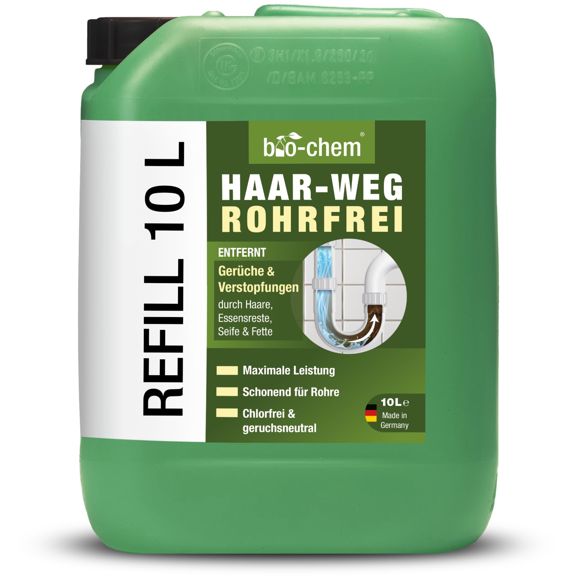 bio-chem Haar-Weg Abflussreiniger extra stark 10L | Rohrreiniger gegen Verstopfungen und Haare | bis zu 20 Anwendungen je Liter