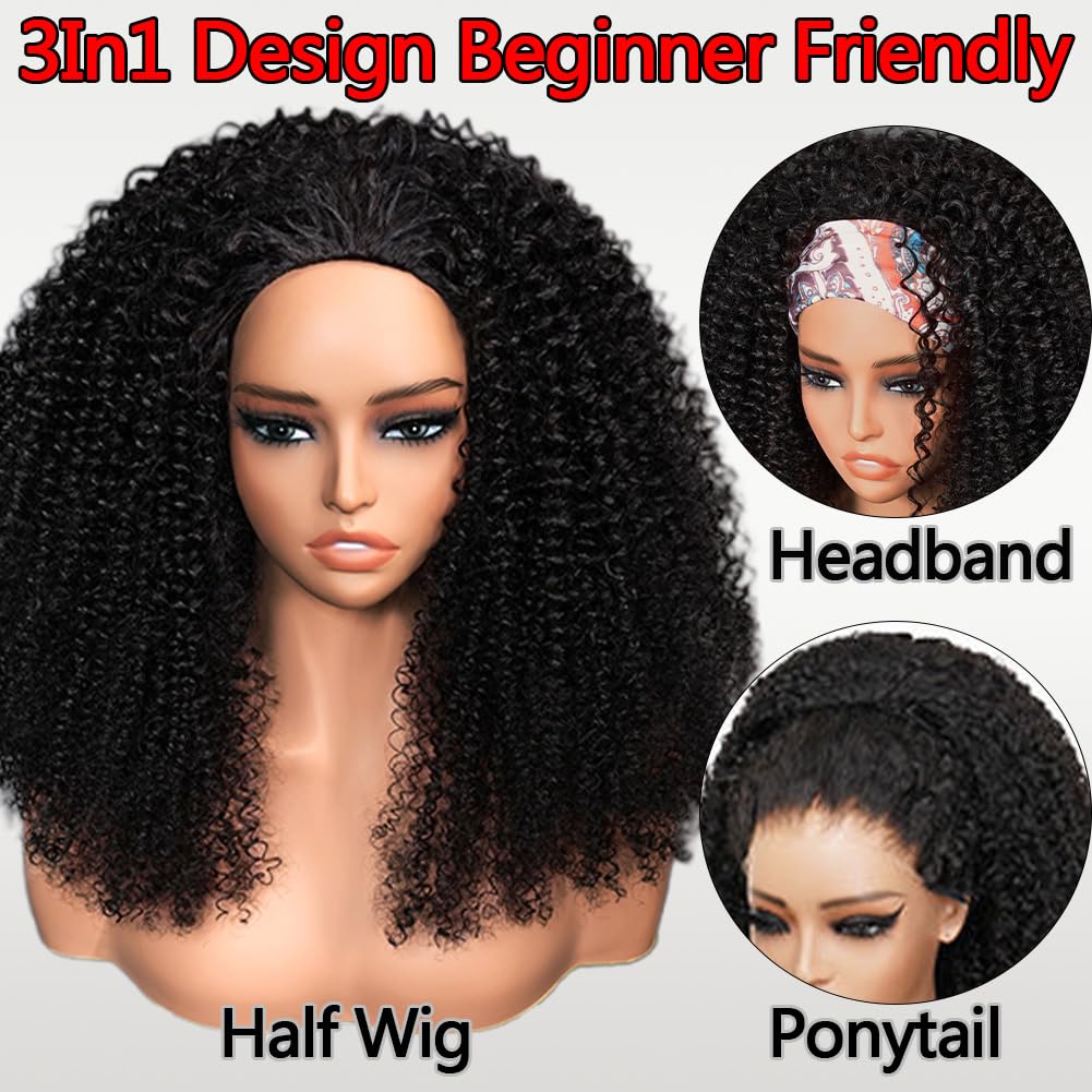 Curly Half Wig Human Hair Kinky Curly Glueless Wig 200% Density Curly Half Wig Drawstring Seamless Flip Over Half Wigs for Women Invisible Hairline Beginner Friendly Headband Wig 26 Inch