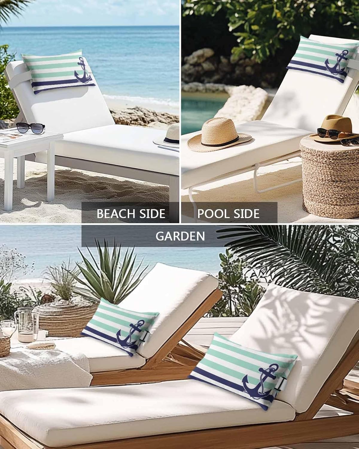 2 Packs Anchor Auqa Outdoor Chaise Longue Throw Pillow Covers Waterproof with Elastic Band,Beach Pool Lumbar Decorative Pillowcase Cushion Sham Modern Navy Blue White Striped Nautical 11x16