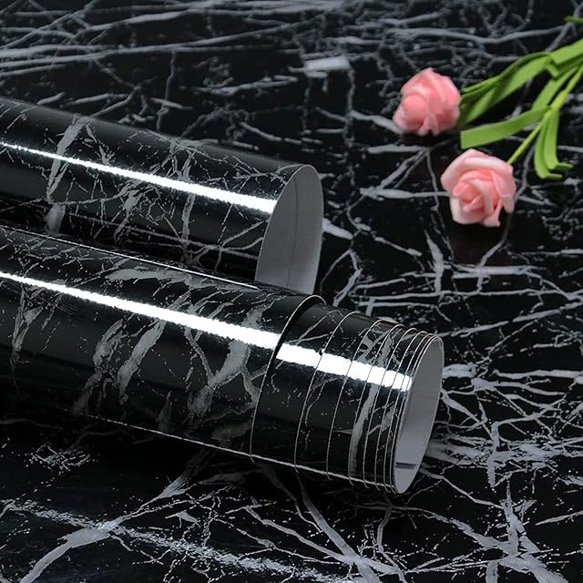 Yomshi 60x500cm Black Marble Wallpaper, Peel and Stick Wallpaper Kitchen Worktop Covering Kitchen Wallpaper Self Adhesive Contact Paper for Kitchen Countertops Desk Cabinets Waterproof
