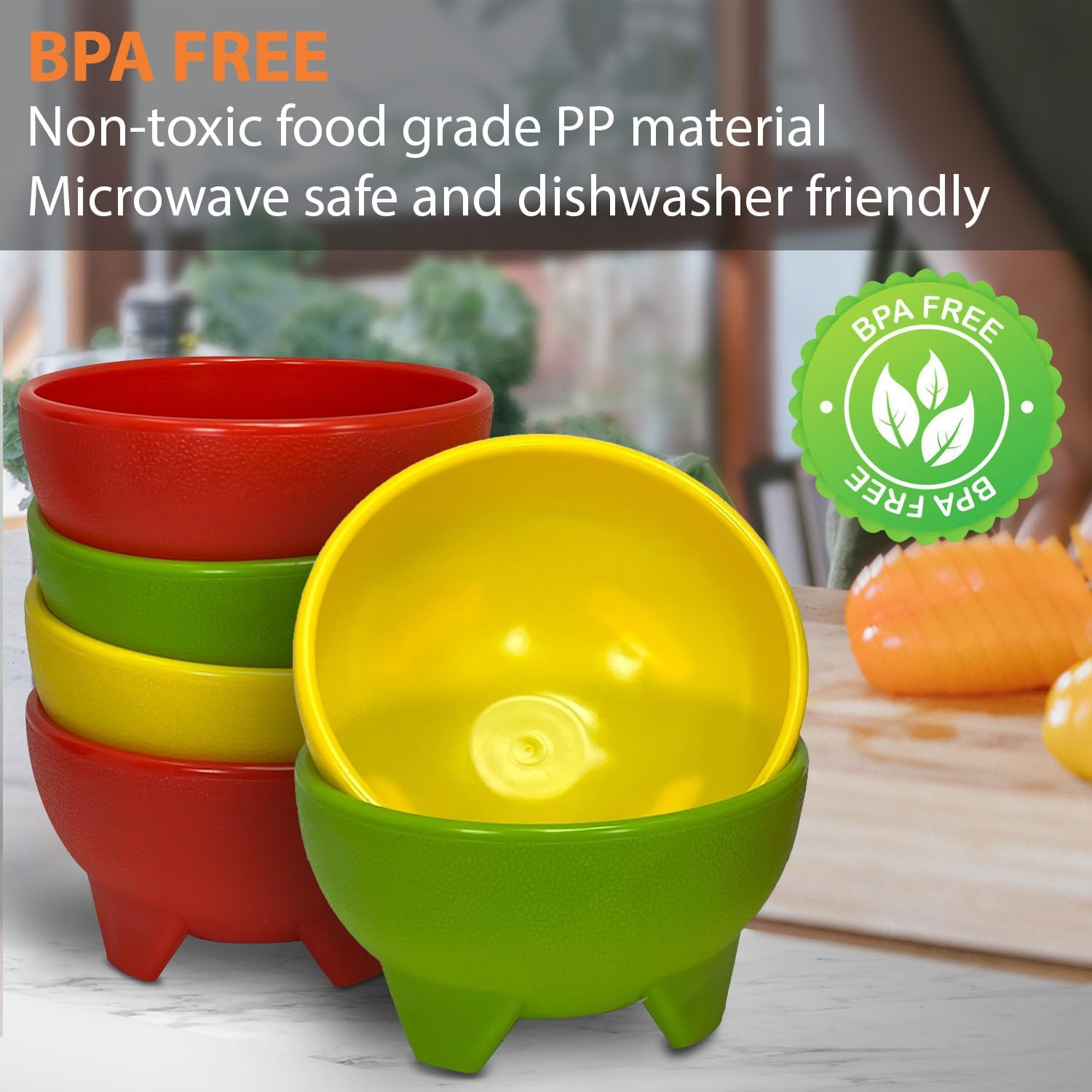 Salsa Bowls – 6 Pack (Multi Color) - Stable Heavy Tripod Base on Countertop