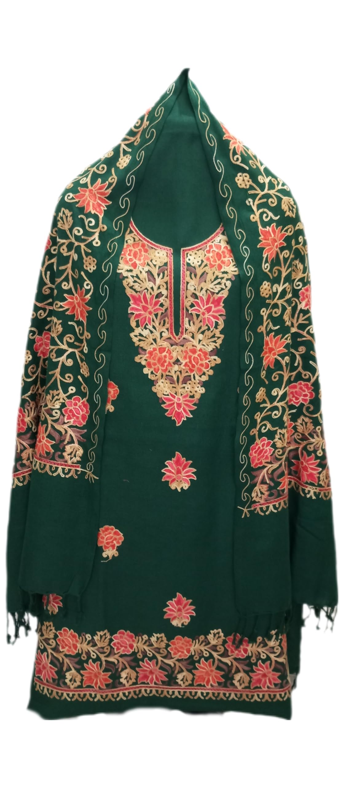 latest Womens pure woolen kashmiri embroidered salwar kameez suit with heavy embroidery on shawl,winter wear,woollen kurta pant set dress material(UNSTITCHED FABRIC SET)by pure Pashmina wooltex.GREEN.-picture-51
