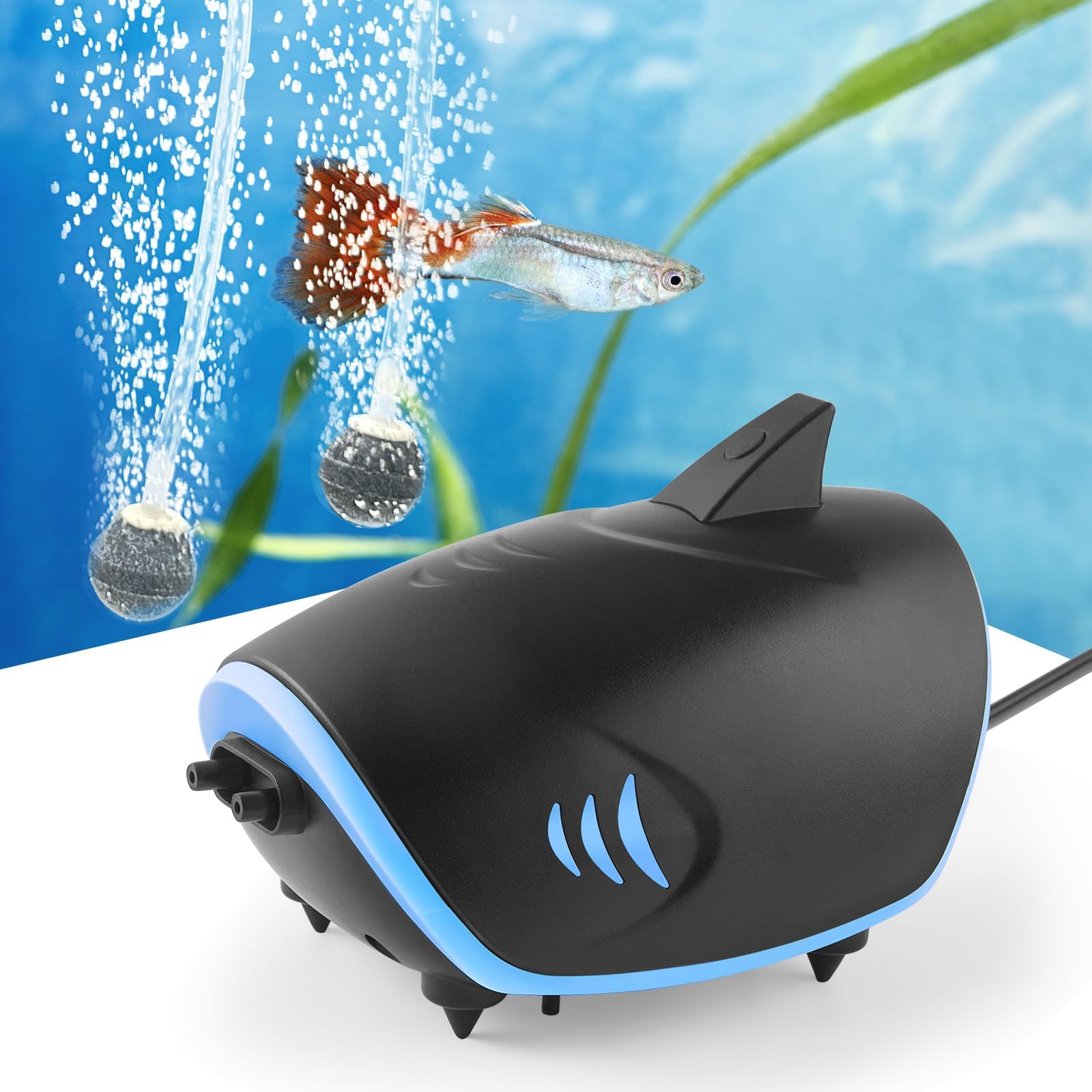 5L/min Quiet Aquarium Air Pump: 3W Adjustable Fish Tank Air Pump with 2 Outputs, Shark-Shaped Aquarium Aerator, Oxygen Pump for up to 400LTank