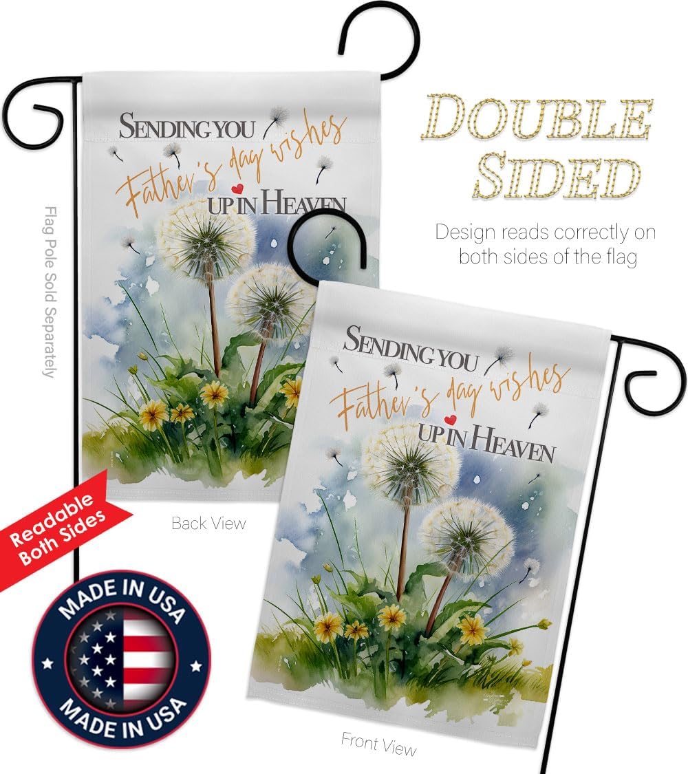 Heavenly Fathers Day Flag 2 Pcs Pack Cemetery Signs Memorial Home Dandelion Grave Decorations for Dad in Heaven Decor Gifts Papa Grandpa Floral Poster Garden Remembrance Made in USA