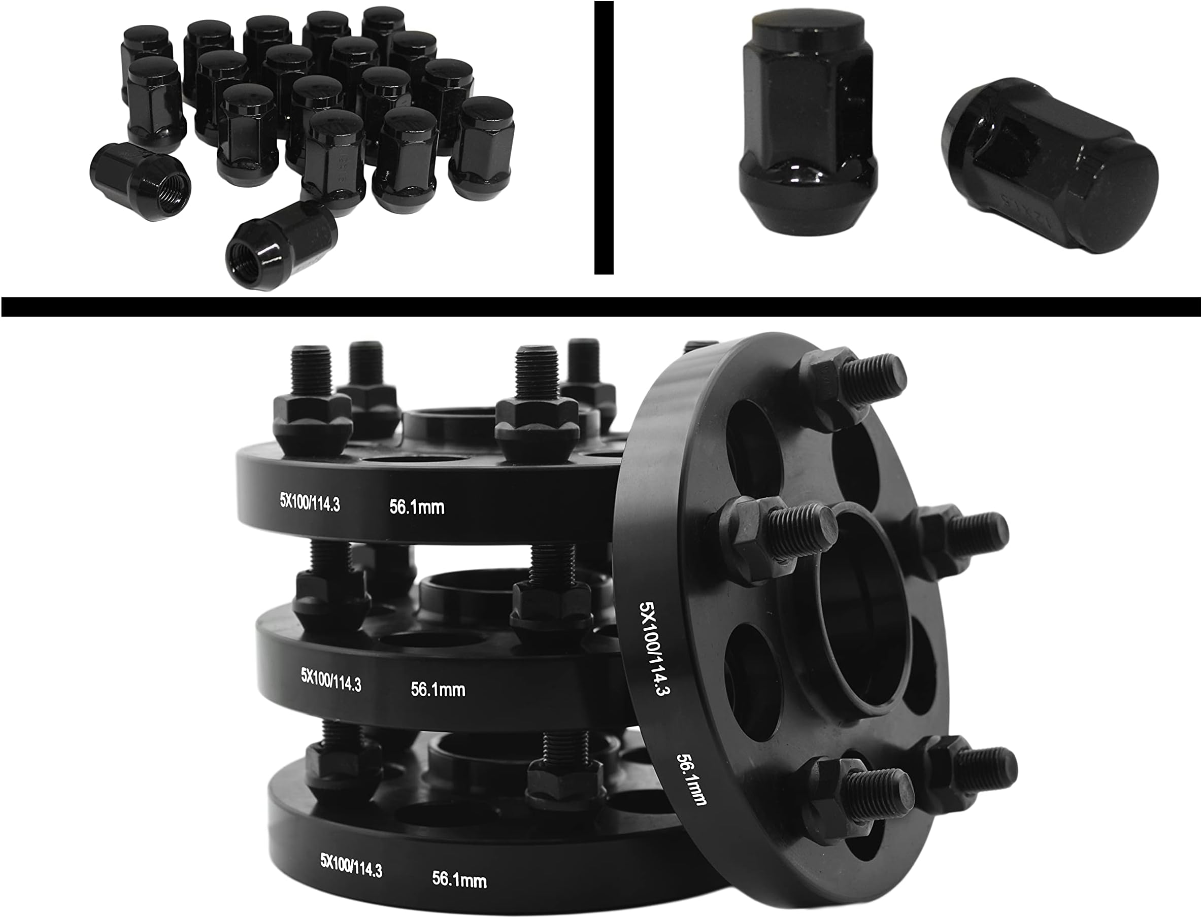 4pc 15mm Conversion Adapter Kit 5x100 to 5x114.3 56.1mm Hub Centric | 20 Black Bulge Acorn Lug Nuts M12x1.25 Thread Pitch | Compatible with Subaru