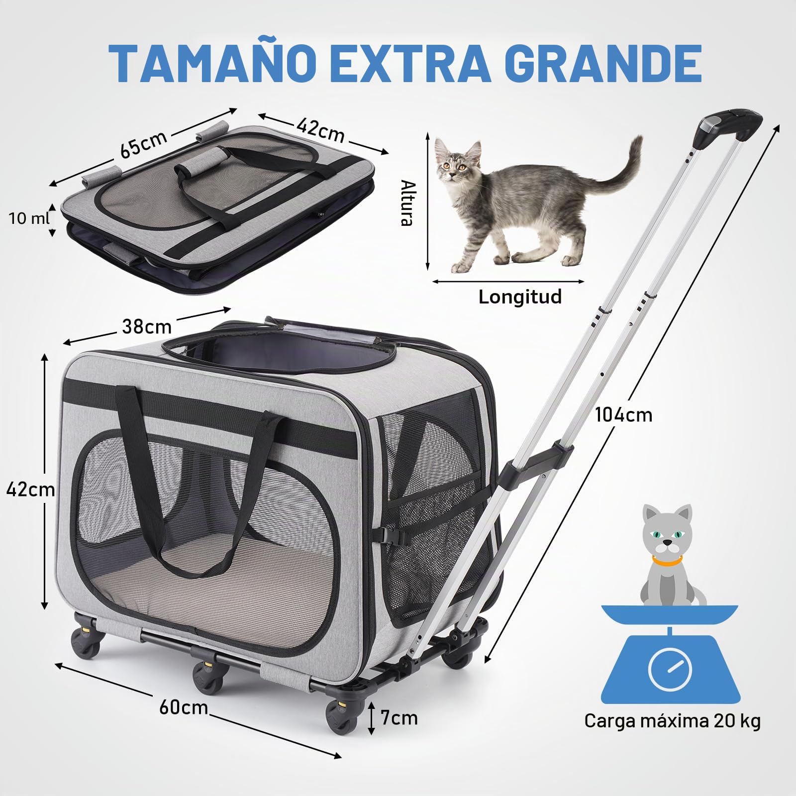 Transportín 2 en 1 Gatos Perros con 6 Ruedas, Transportin Plegable Gato Grande 20kg con Ruedas, Transportador para Mascotas con Asa Telescópica, Gris