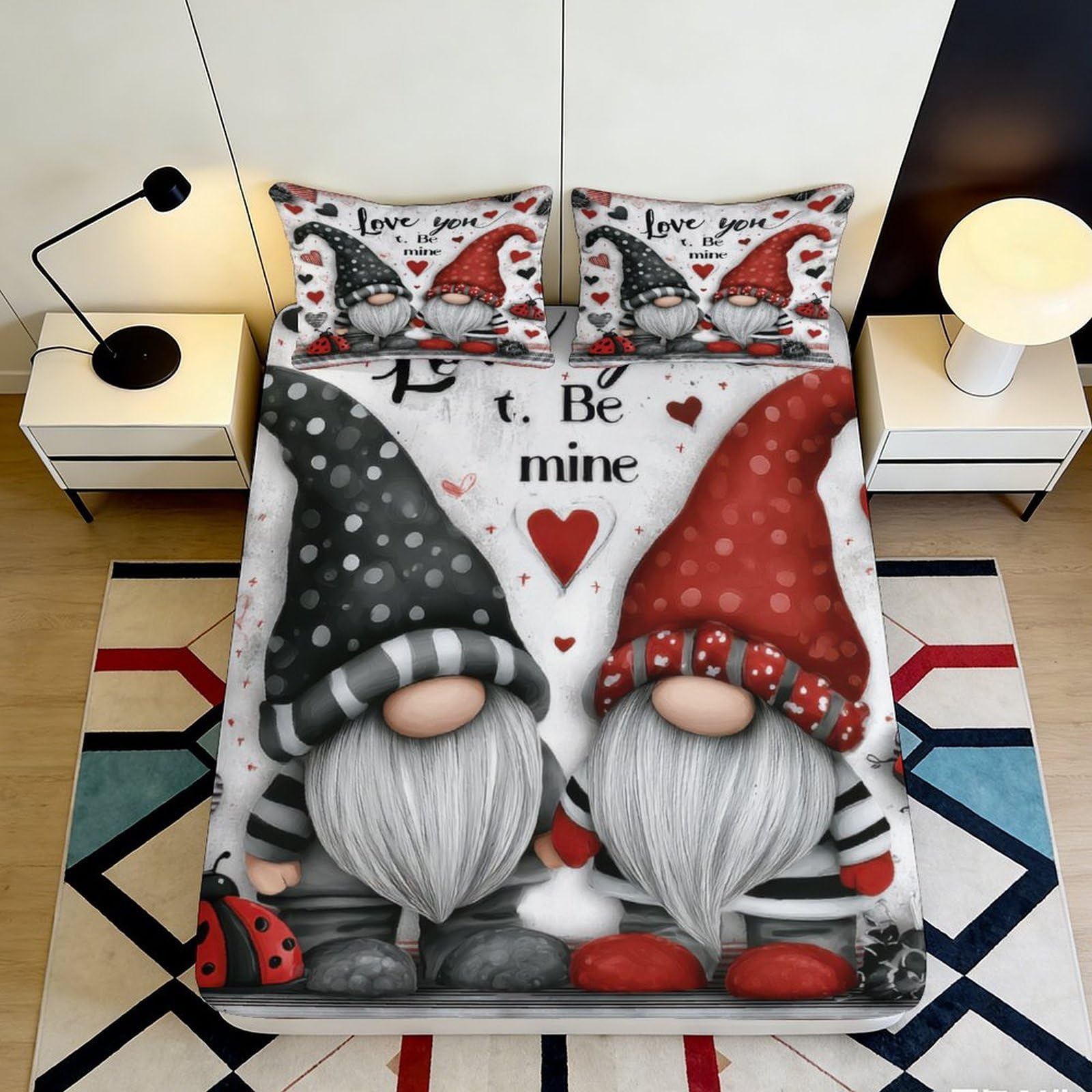 3D Printed Valentine Gnome Fitted Sheet Microfiber Red Black Cartoon Heart Mattress Cover Bedroom Decor 90x200x25cm