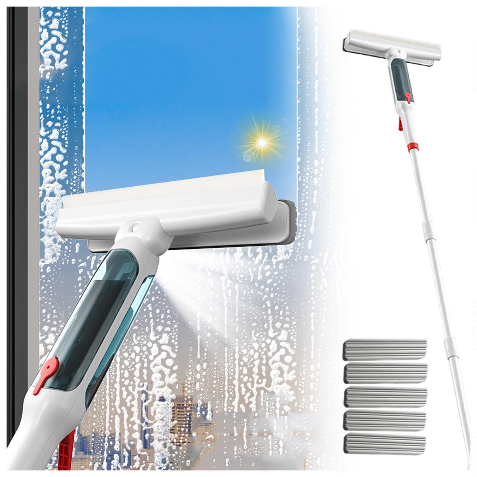 RRRYYYZZ 75'' Spray Window Squeegee with Extension Pole with 4-Section Extension Pole, 4 in 1 Window Squeegee Window Squeegee for Home with Sewage Collector and 5 Pads